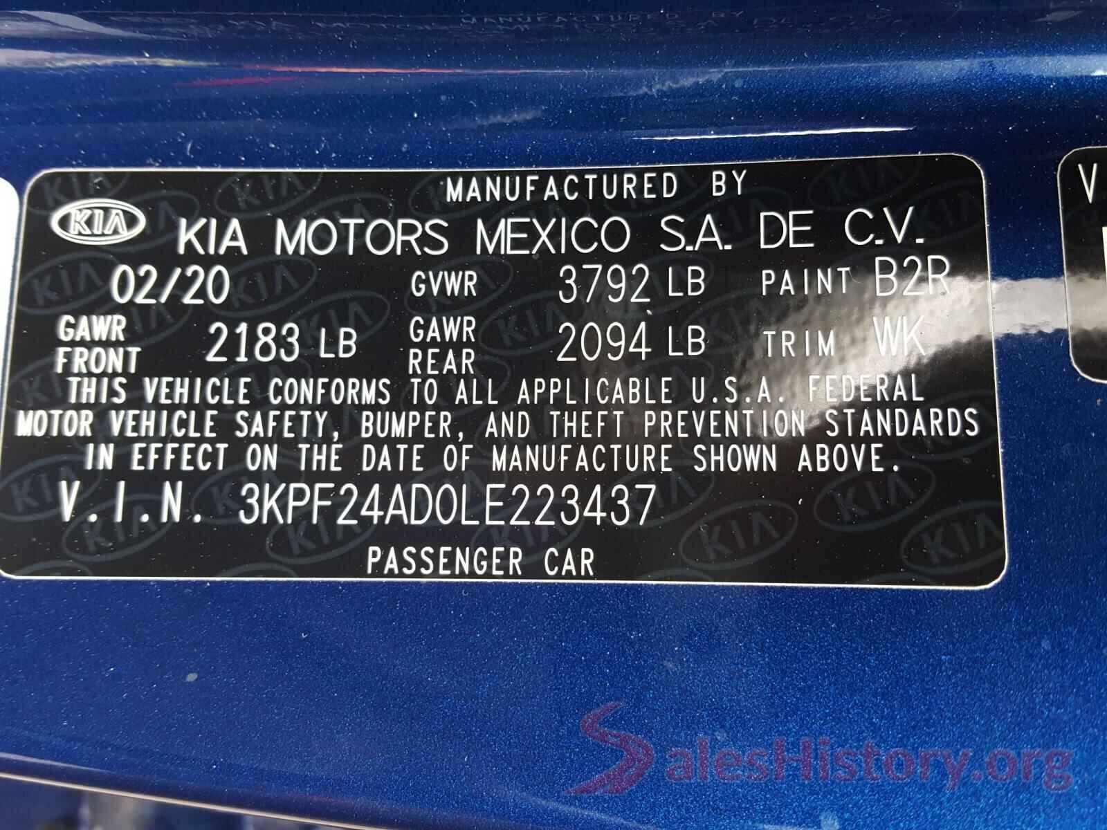 3KPF24AD0LE223437 2020 KIA FORTE