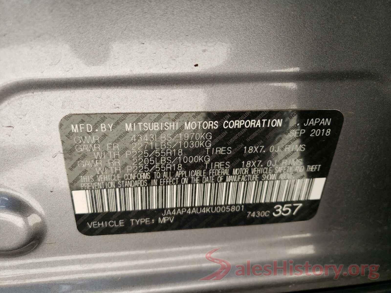 JA4AP4AU4KU005801 2019 MITSUBISHI OUTLANDER