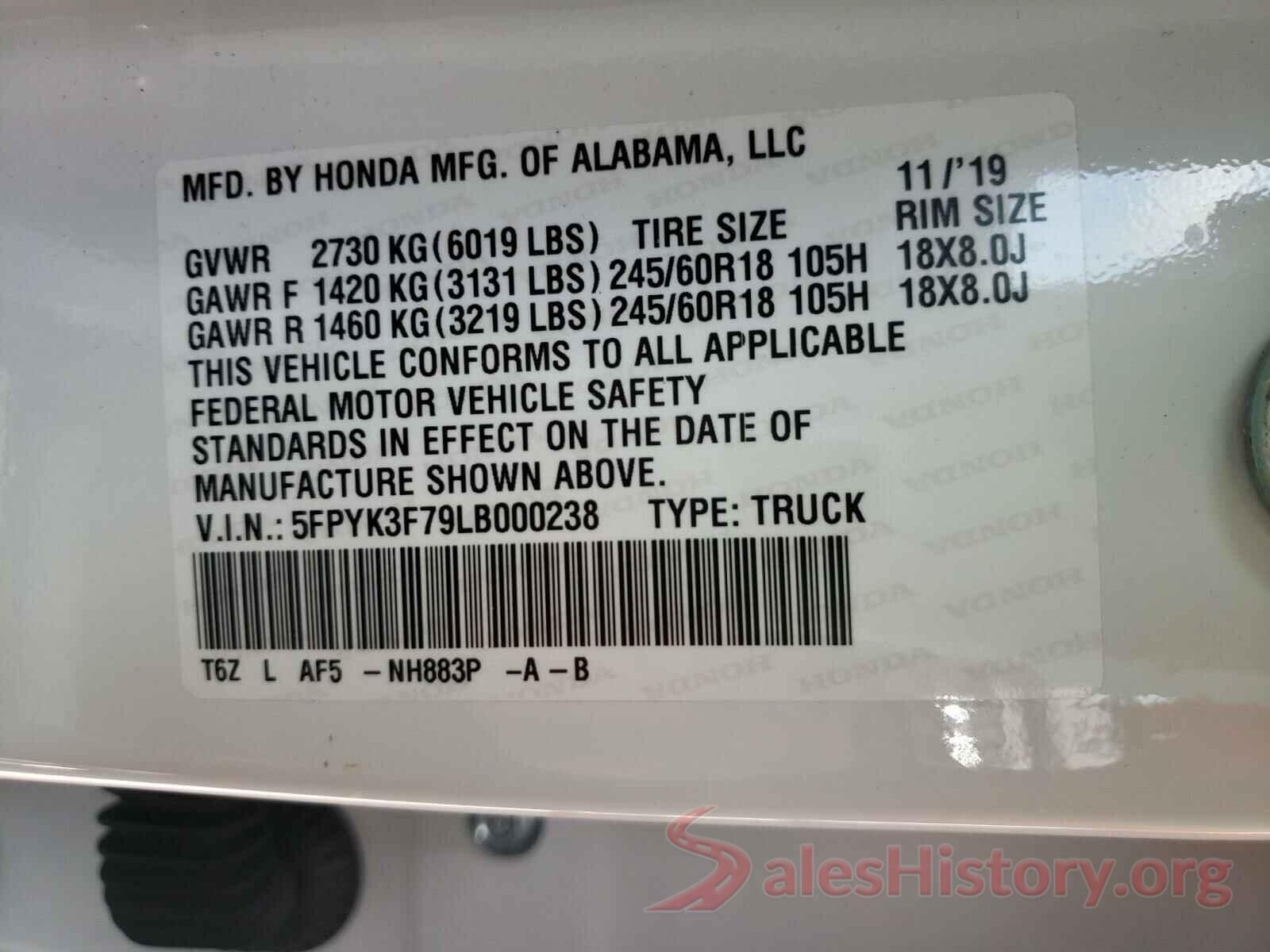 5FPYK3F79LB000238 2020 HONDA RIDGELINE