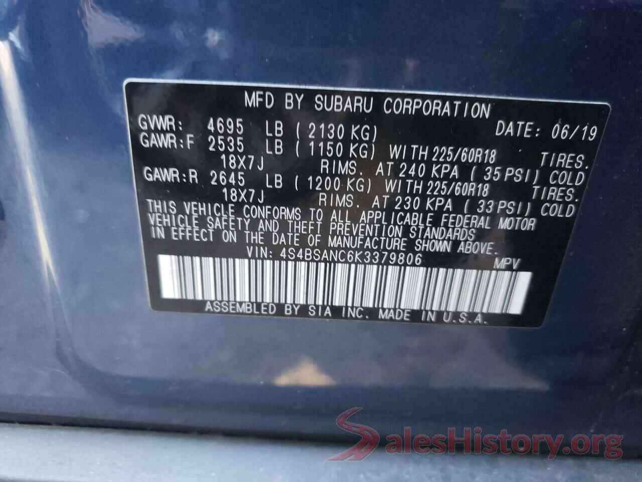 4S4BSANC6K3379806 2019 SUBARU OUTBACK