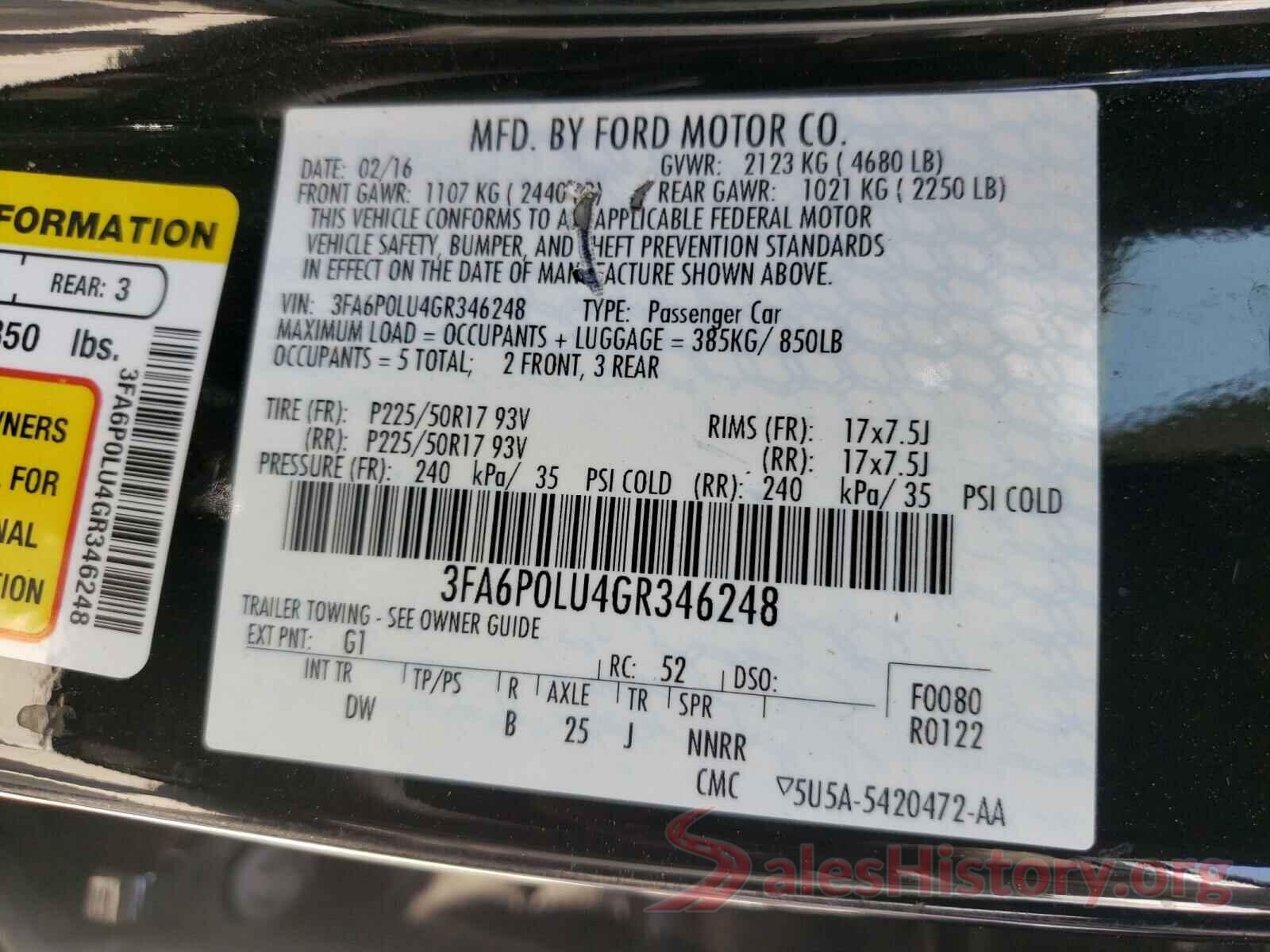 3FA6P0LU4GR346248 2016 FORD FUSION