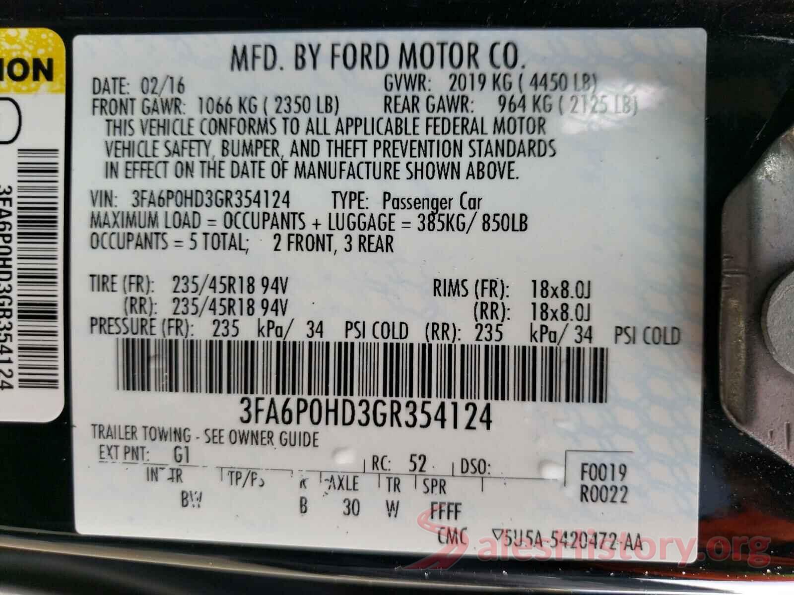 3FA6P0HD3GR354124 2016 FORD FUSION