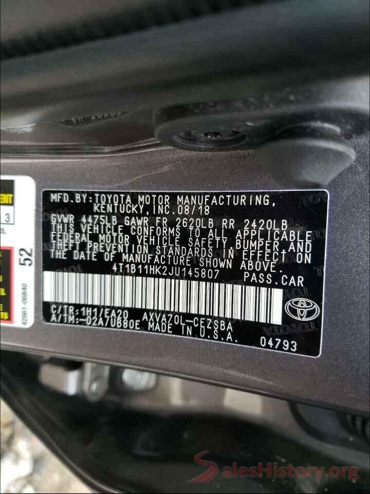 4T1B11HK2JU145807 2018 TOYOTA CAMRY