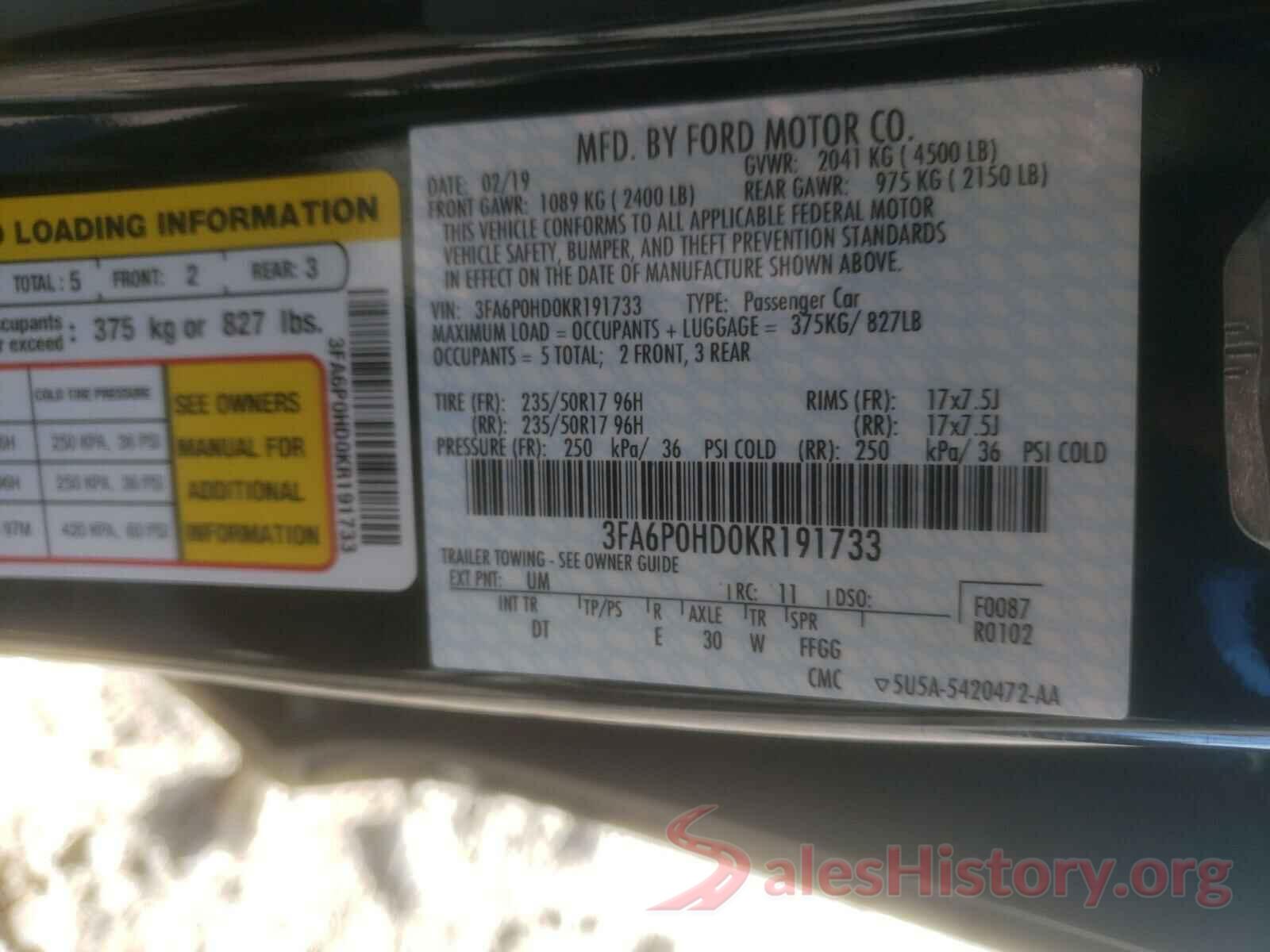 3FA6P0HD0KR191733 2019 FORD FUSION