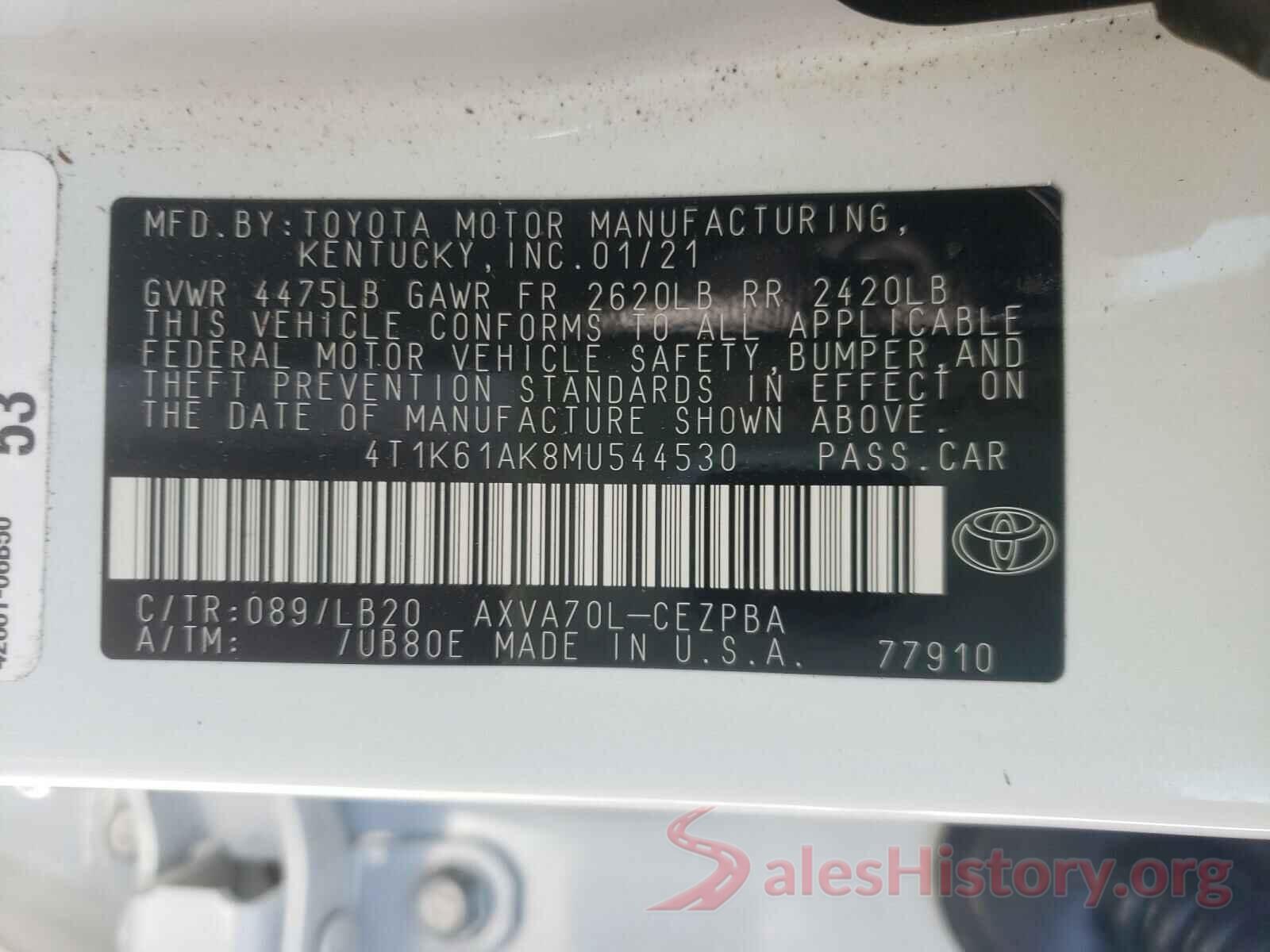 4T1K61AK8MU544530 2021 TOYOTA CAMRY