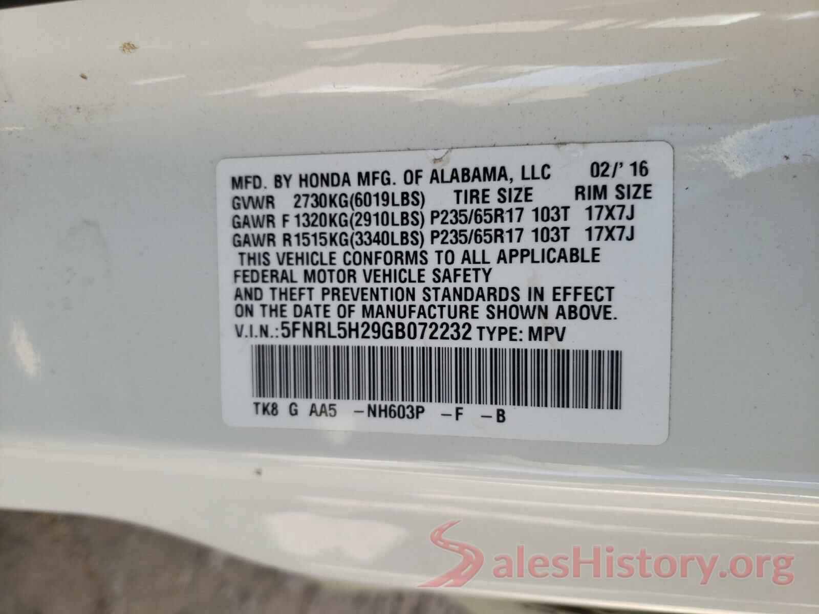 5FNRL5H29GB072232 2016 HONDA ODYSSEY