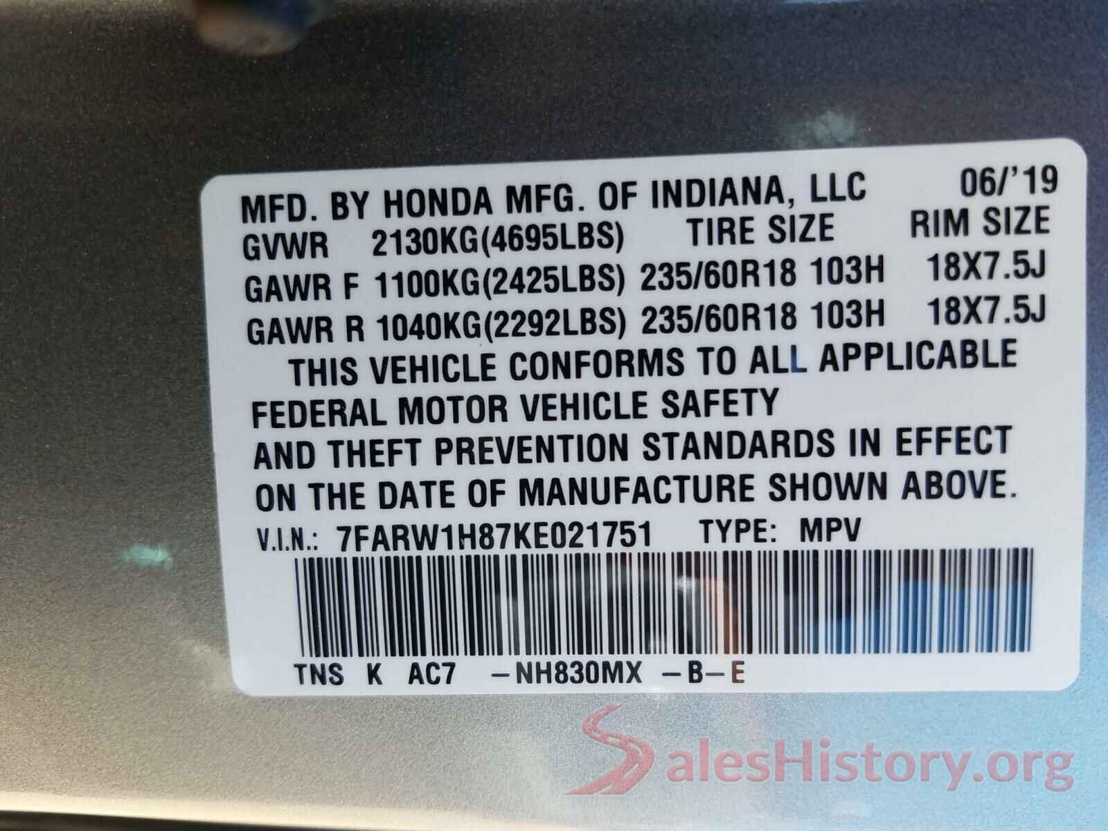 7FARW1H87KE021751 2019 HONDA CRV