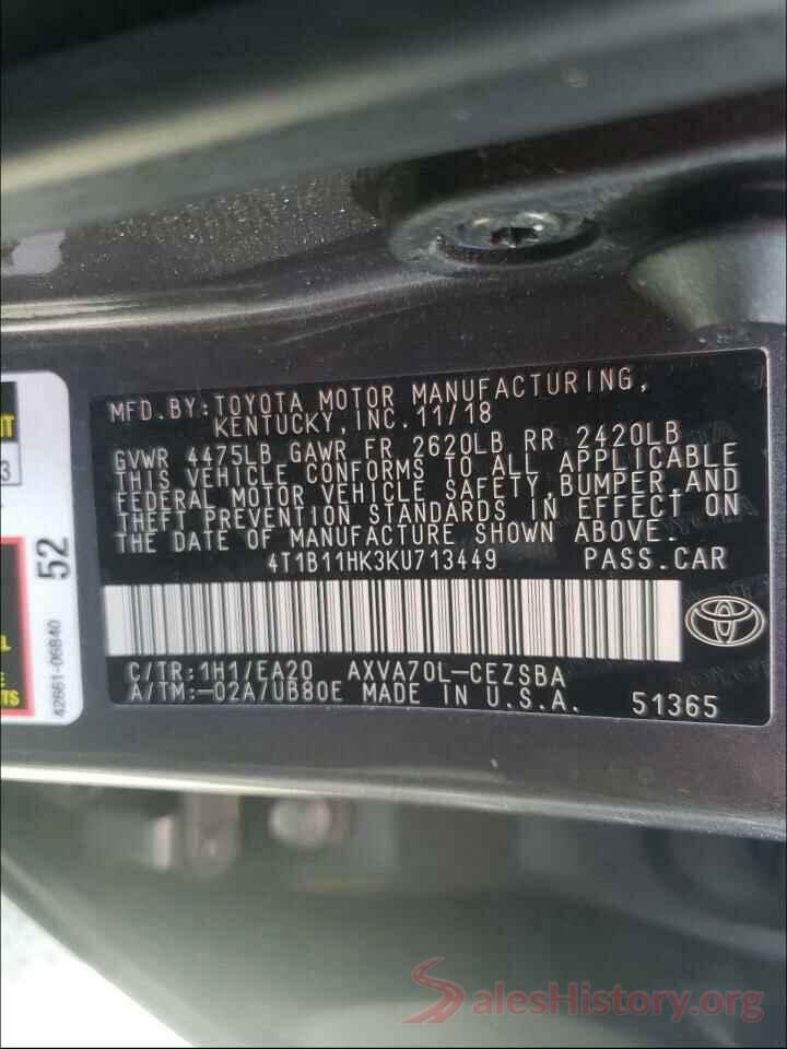 4T1B11HK3KU713449 2019 TOYOTA CAMRY