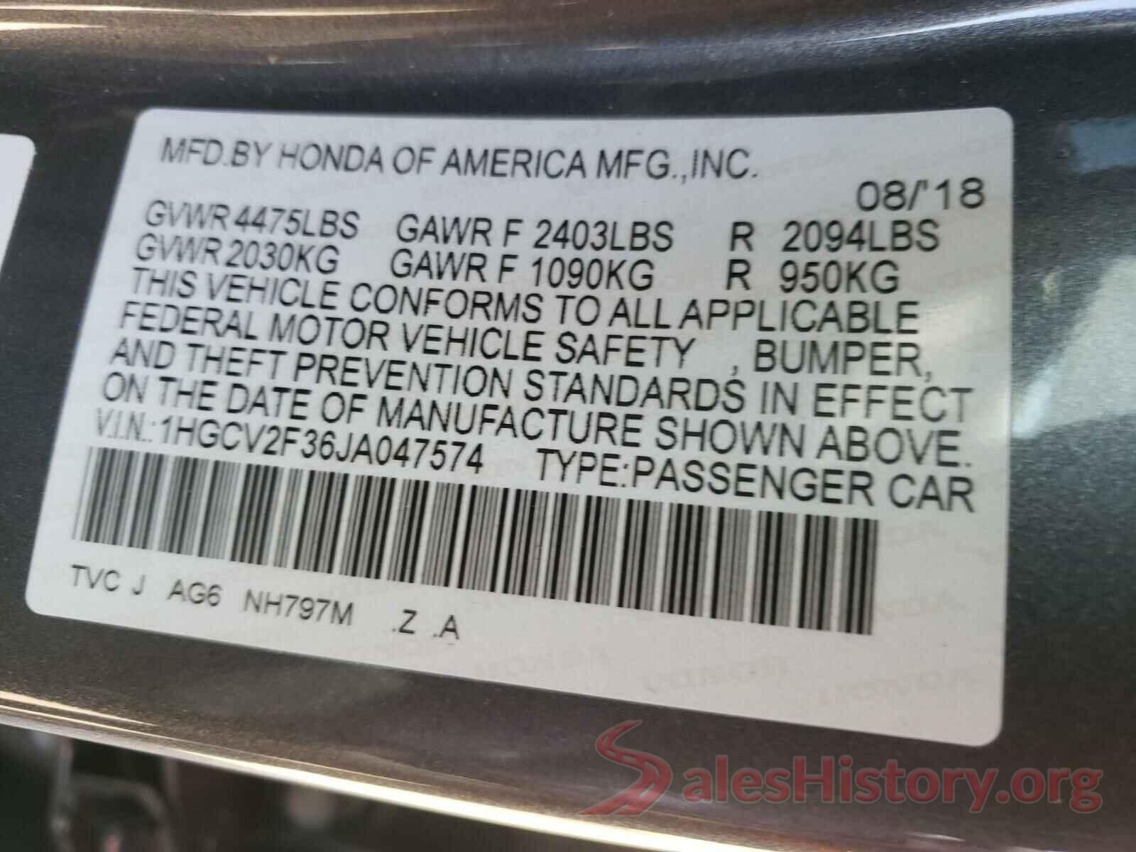 1HGCV2F36JA047574 2018 HONDA ACCORD