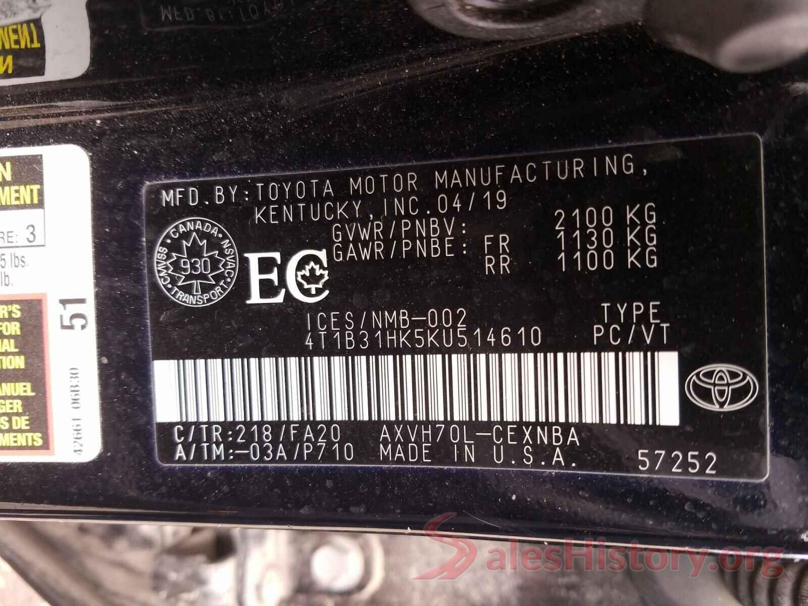 4T1B31HK5KU514610 2019 TOYOTA CAMRY