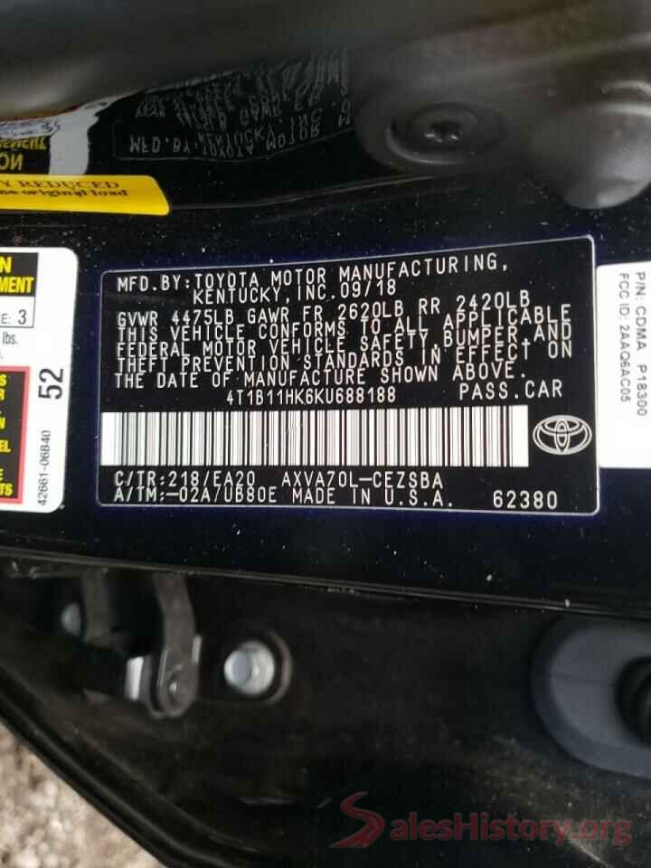 4T1B11HK6KU688188 2019 TOYOTA CAMRY