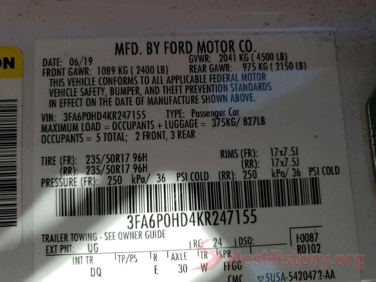 3FA6P0HD4KR247155 2019 FORD FUSION