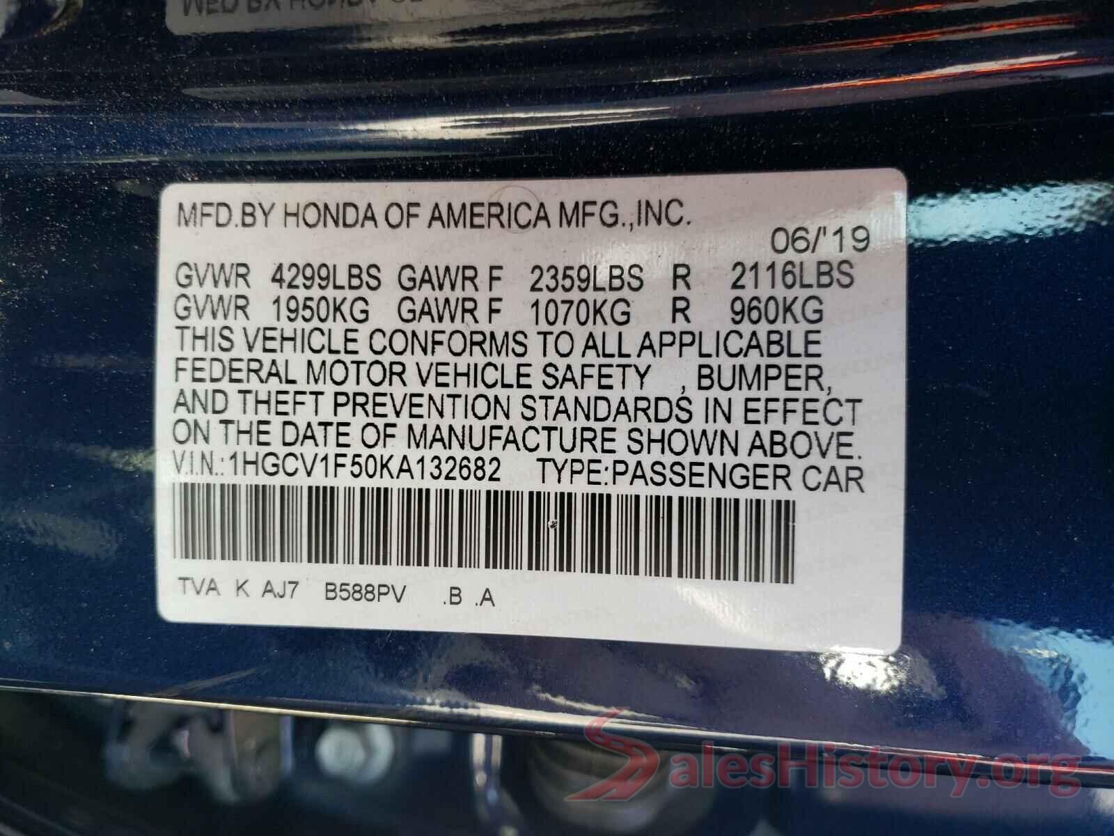 1HGCV1F50KA132682 2019 HONDA ACCORD