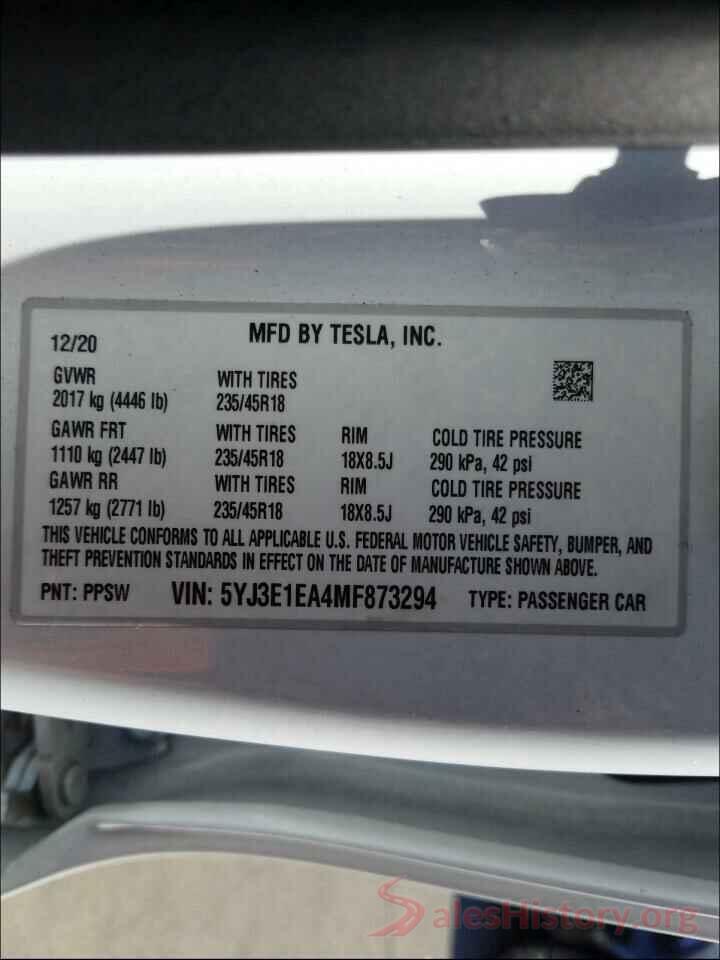 5YJ3E1EA4MF873294 2021 TESLA MODEL 3