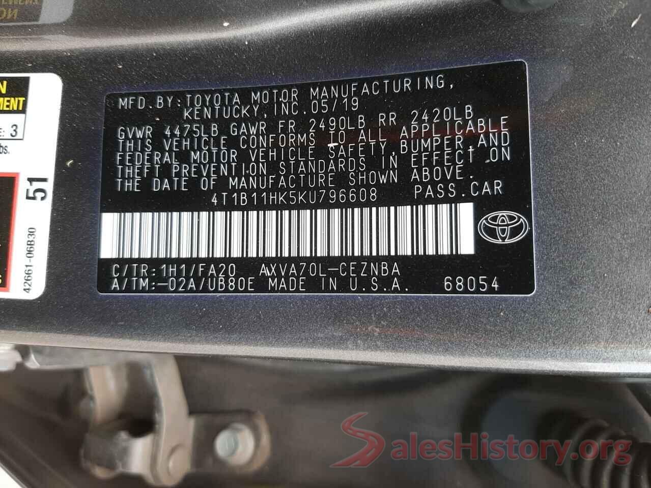 4T1B11HK5KU796608 2019 TOYOTA CAMRY