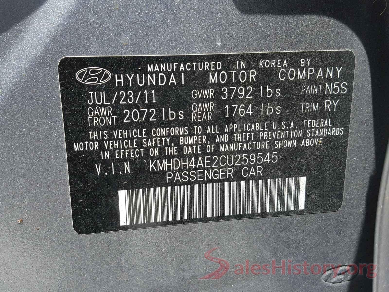 KMHDH4AE2CU259545 2012 HYUNDAI ELANTRA