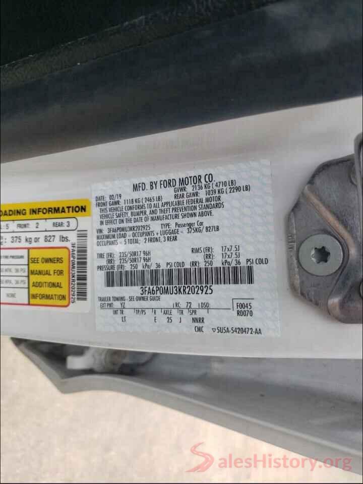 3FA6P0MU3KR202925 2019 FORD FUSION