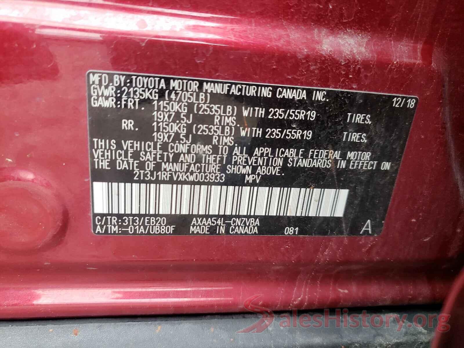 2T3J1RFVXKW003933 2019 TOYOTA RAV4