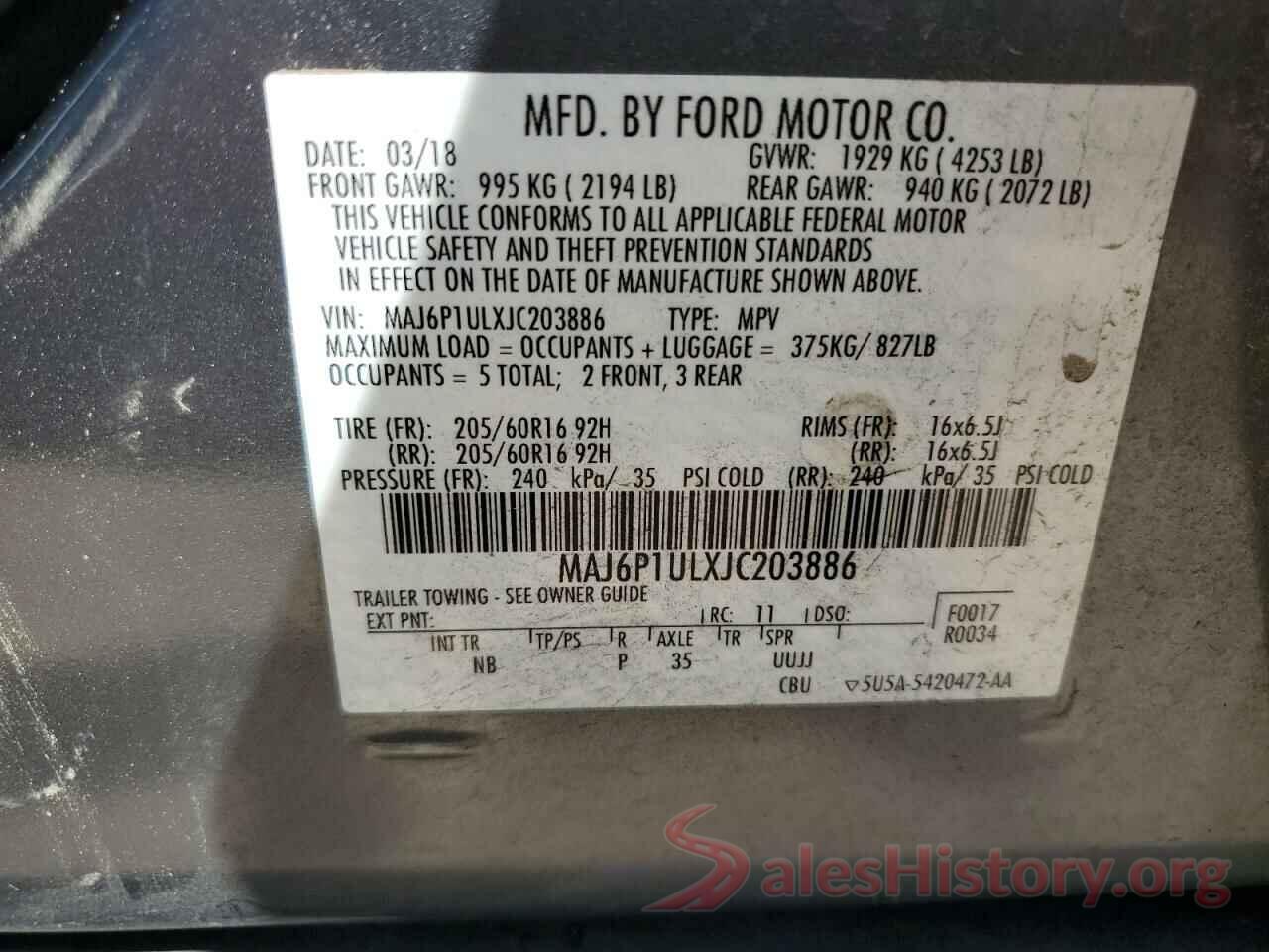 MAJ6P1ULXJC203886 2018 FORD ECOSPORT