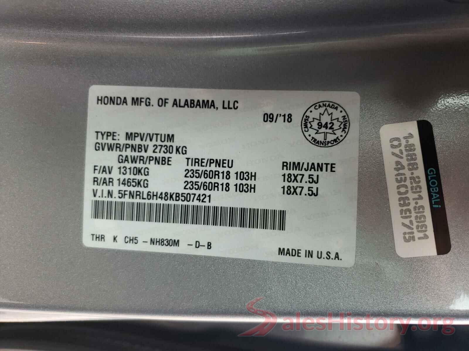 5FNRL6H48KB507421 2019 HONDA ODYSSEY