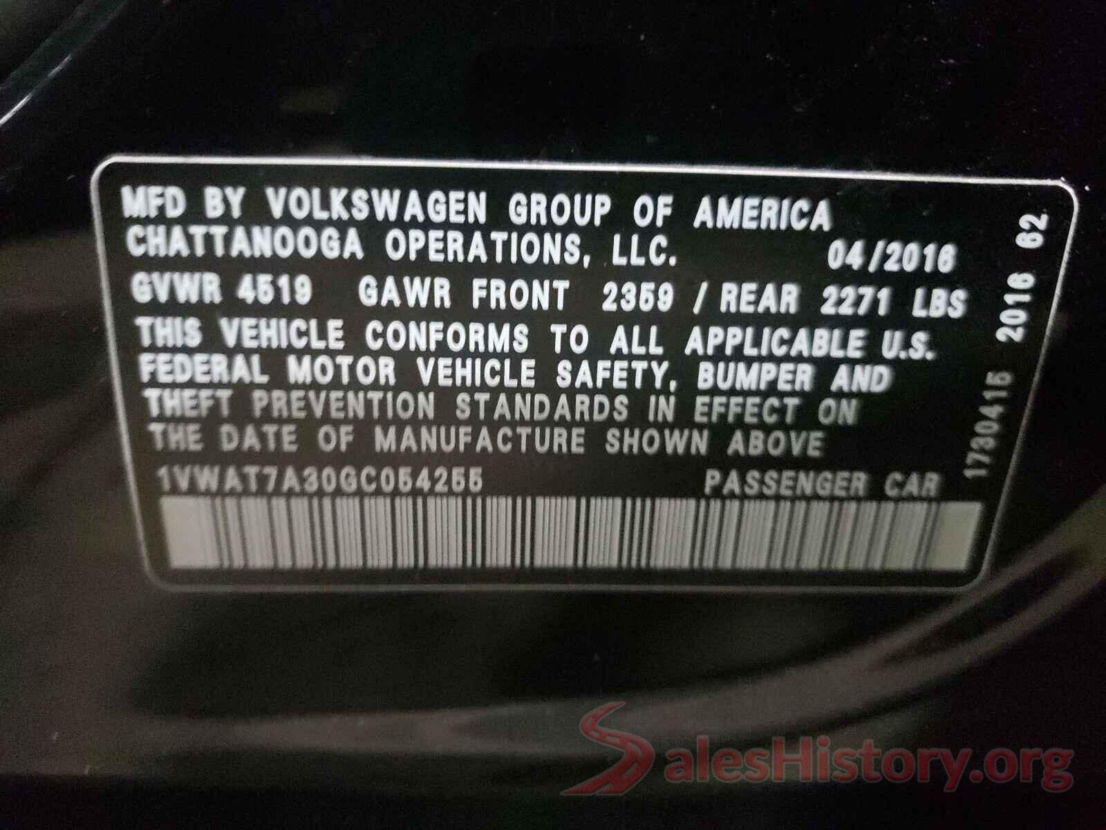 1VWAT7A30GC054255 2016 VOLKSWAGEN PASSAT