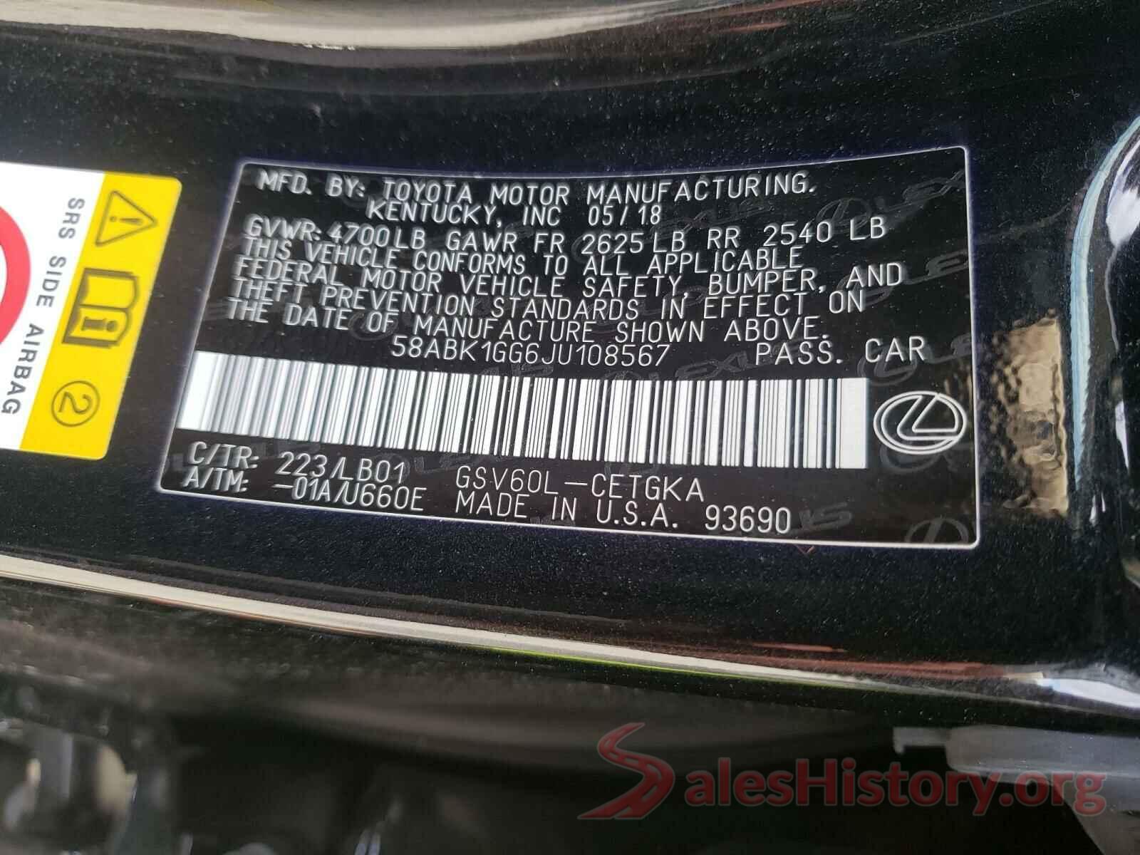 58ABK1GG6JU108567 2018 LEXUS ES350