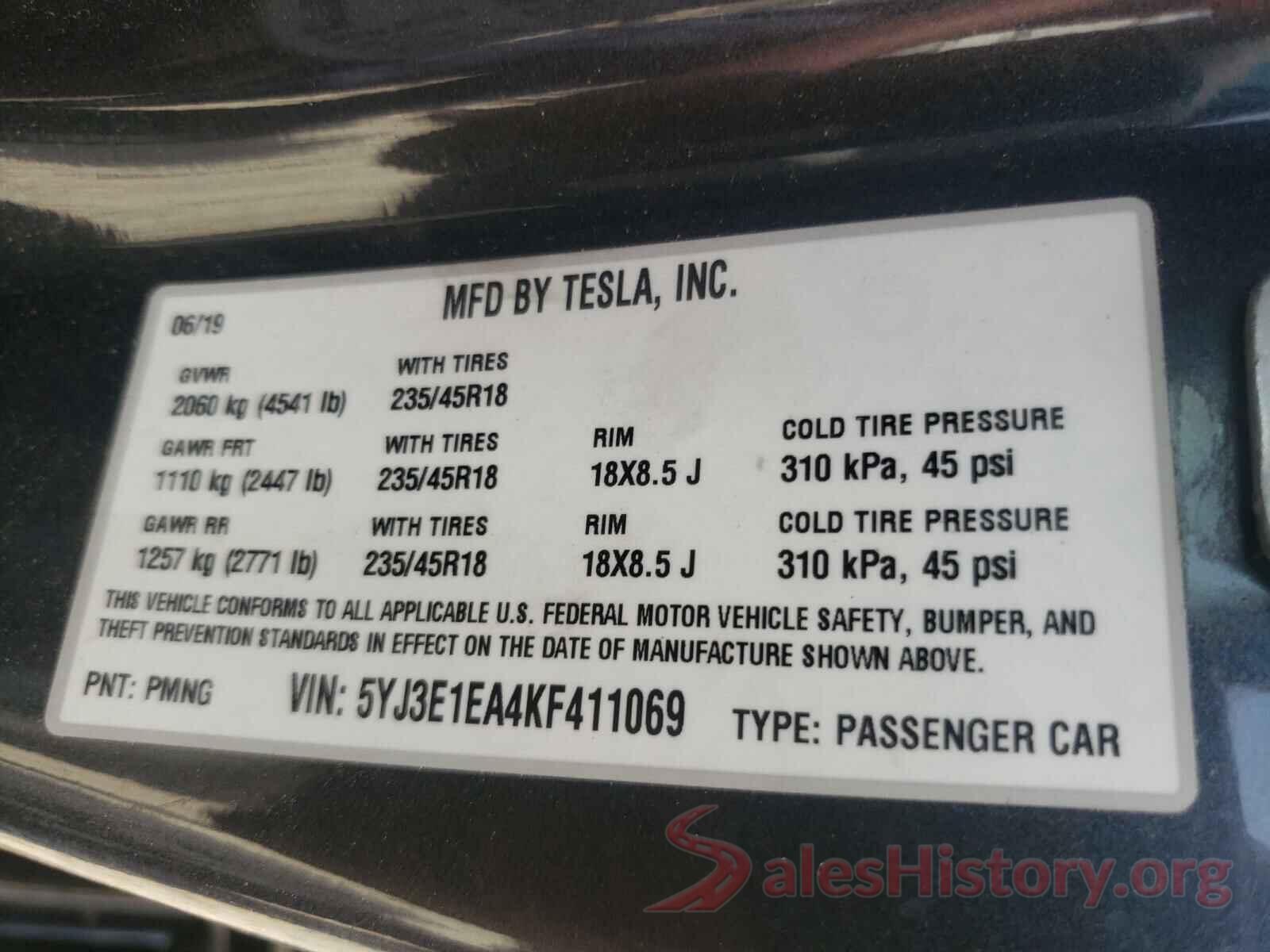 5YJ3E1EA4KF411069 2019 TESLA MODEL 3