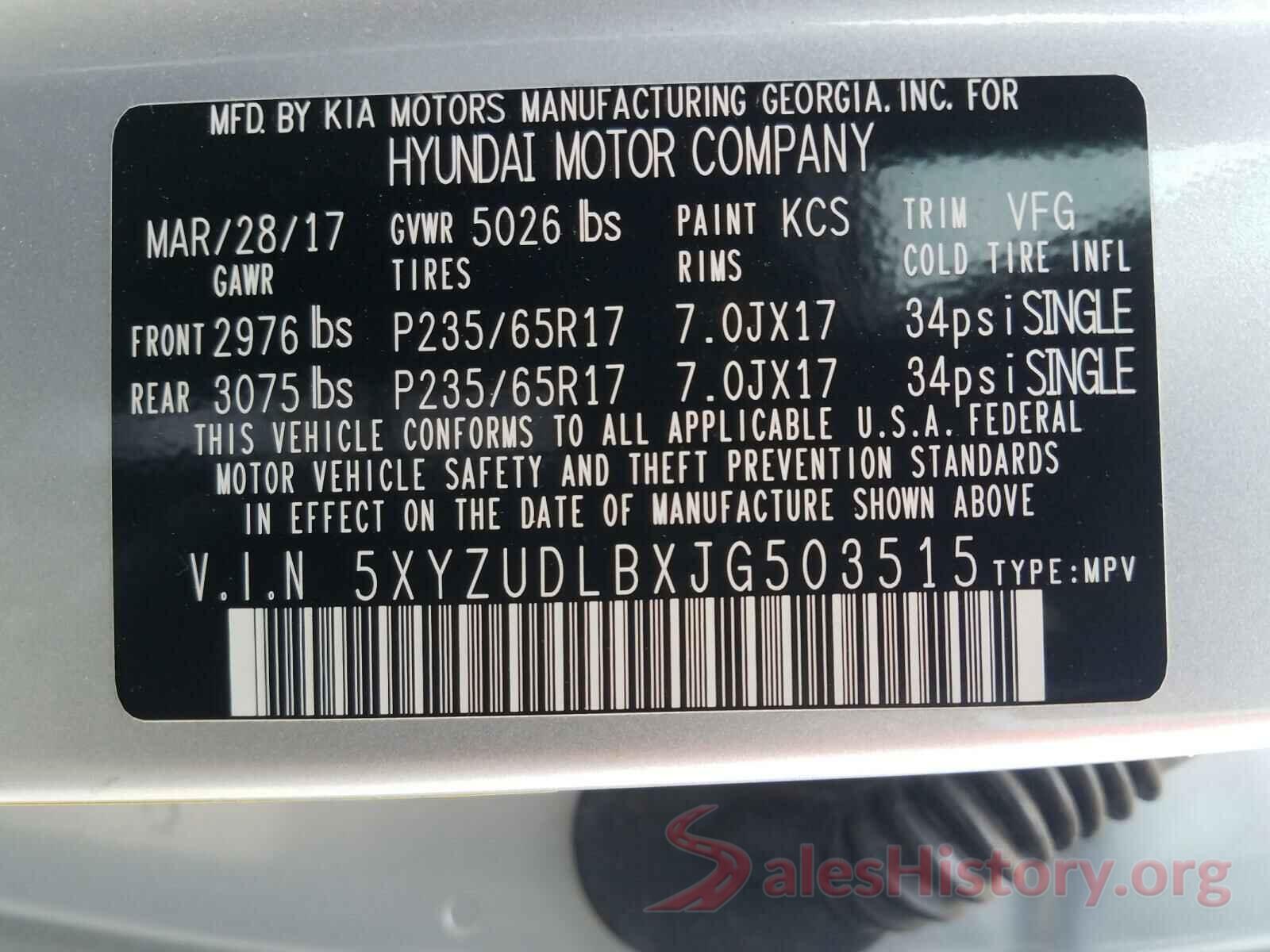 5XYZUDLBXJG503515 2018 HYUNDAI SANTA FE