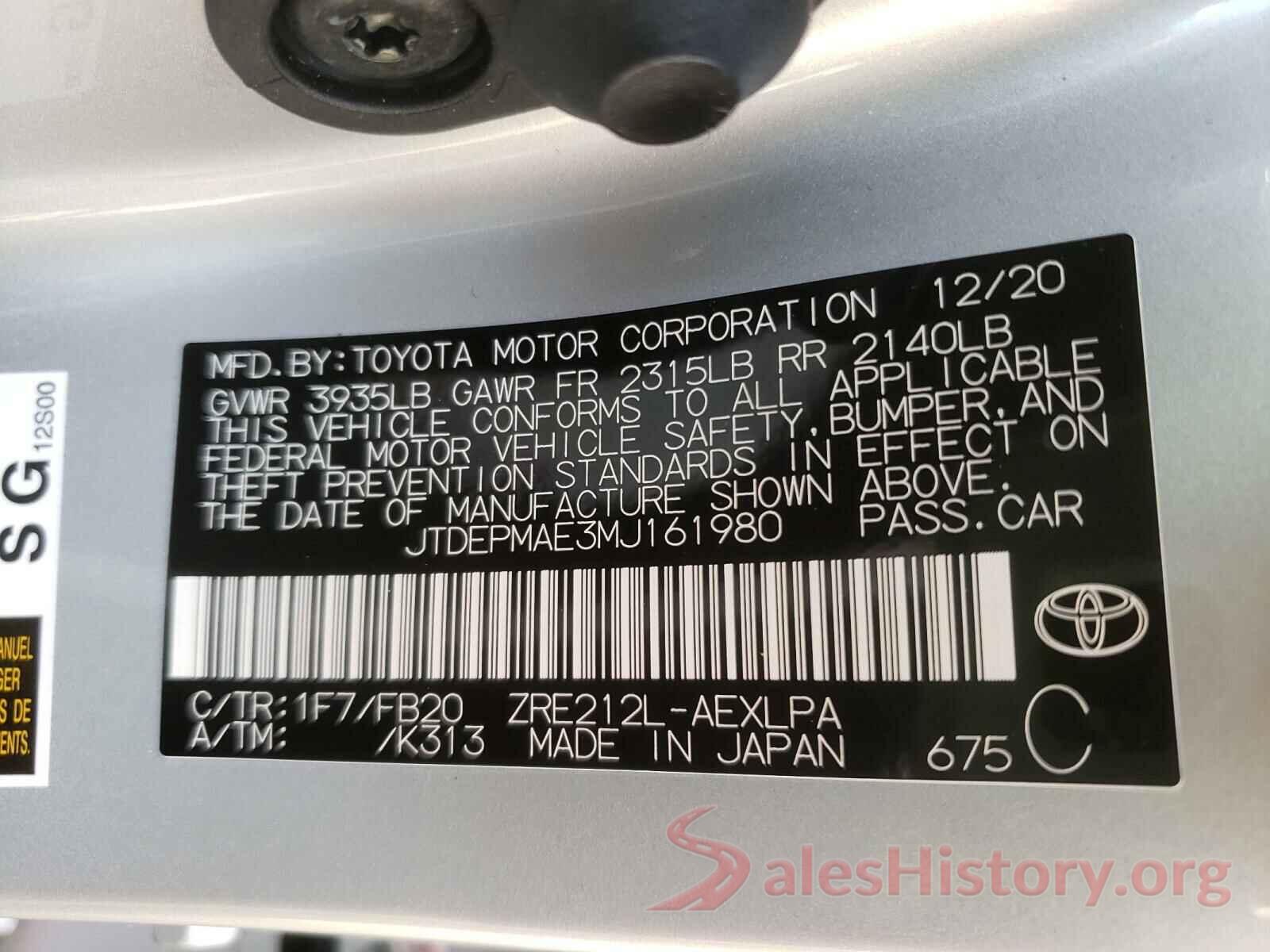 JTDEPMAE3MJ161980 2021 TOYOTA COROLLA