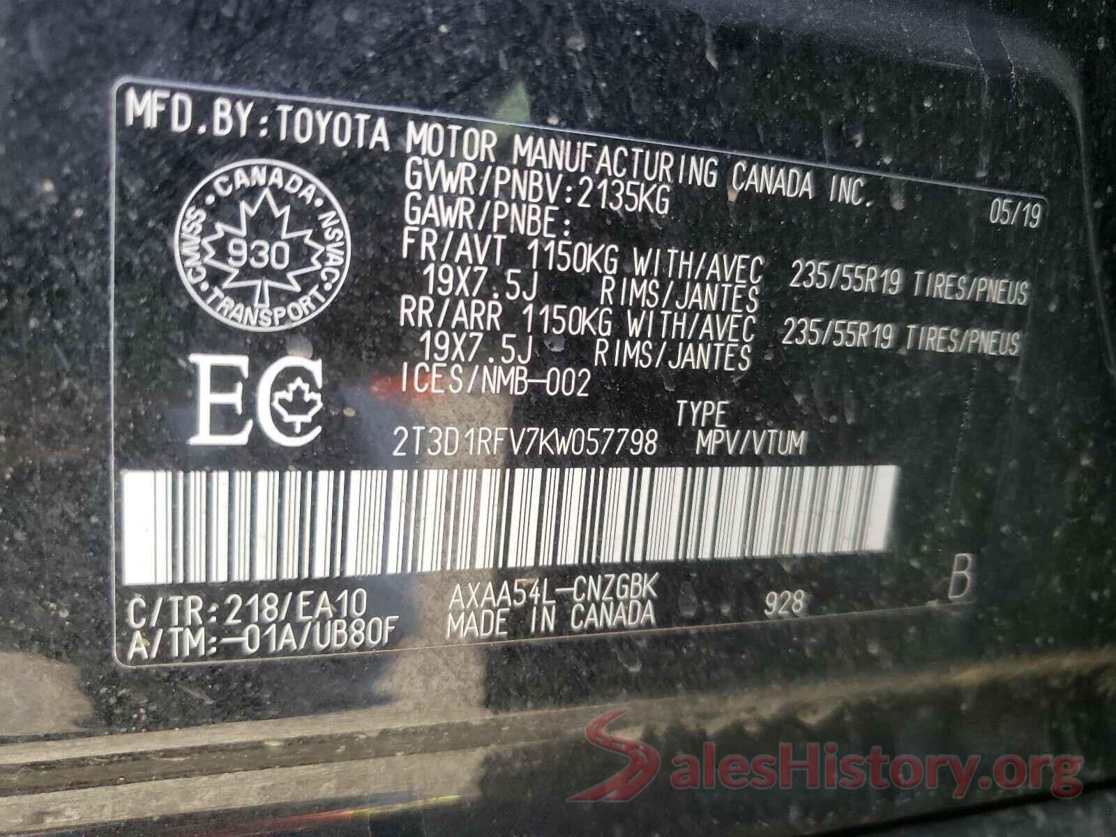 2T3D1RFV7KW057798 2019 TOYOTA RAV4