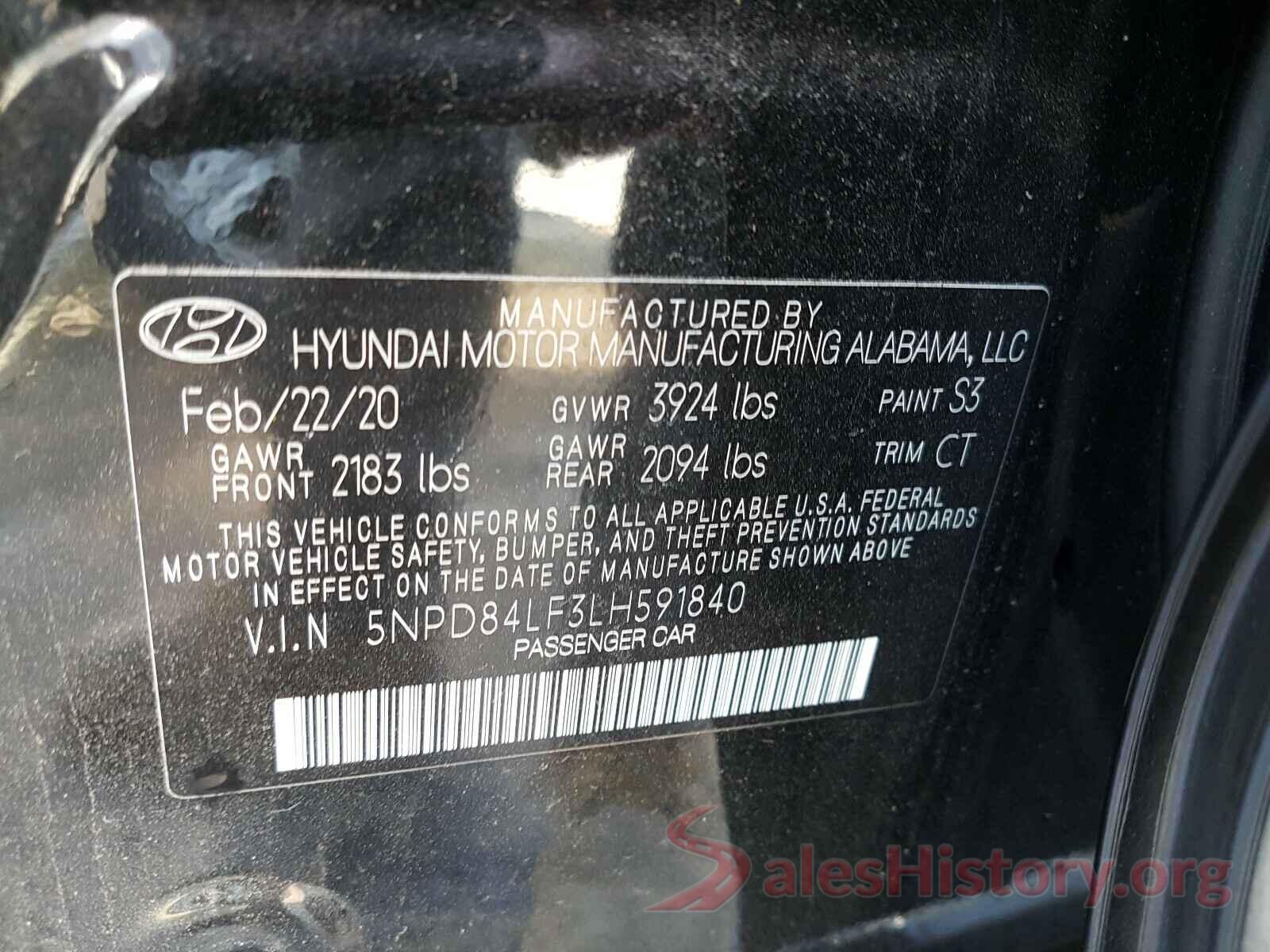 5NPD84LF3LH591840 2020 HYUNDAI ELANTRA