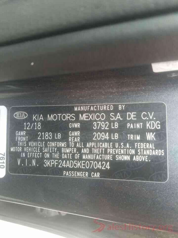 3KPF24AD5KE070424 2019 KIA FORTE