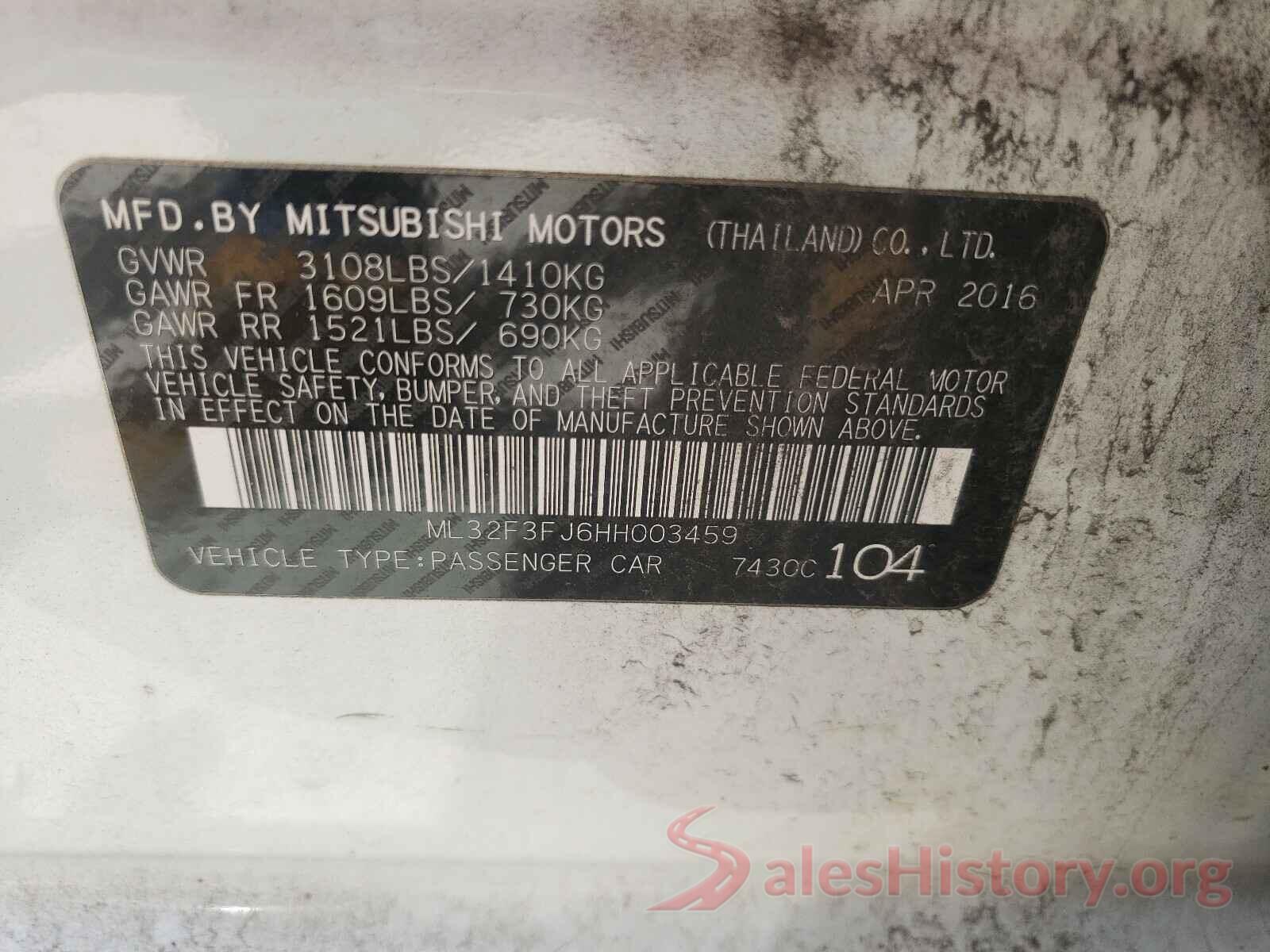 ML32F3FJ6HH003459 2017 MITSUBISHI MIRAGE