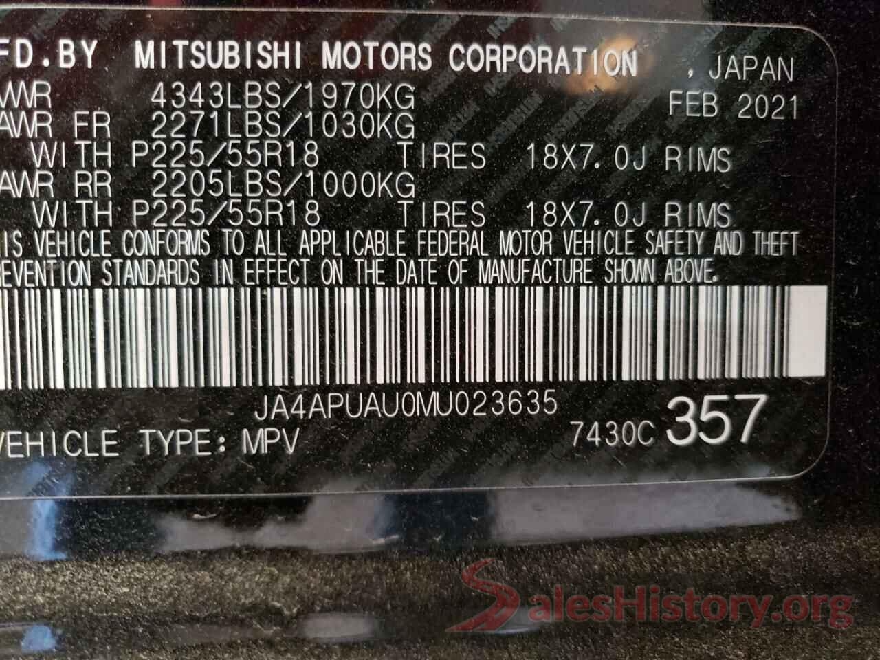 JA4APUAU0MU023635 2021 MITSUBISHI OUTLANDER