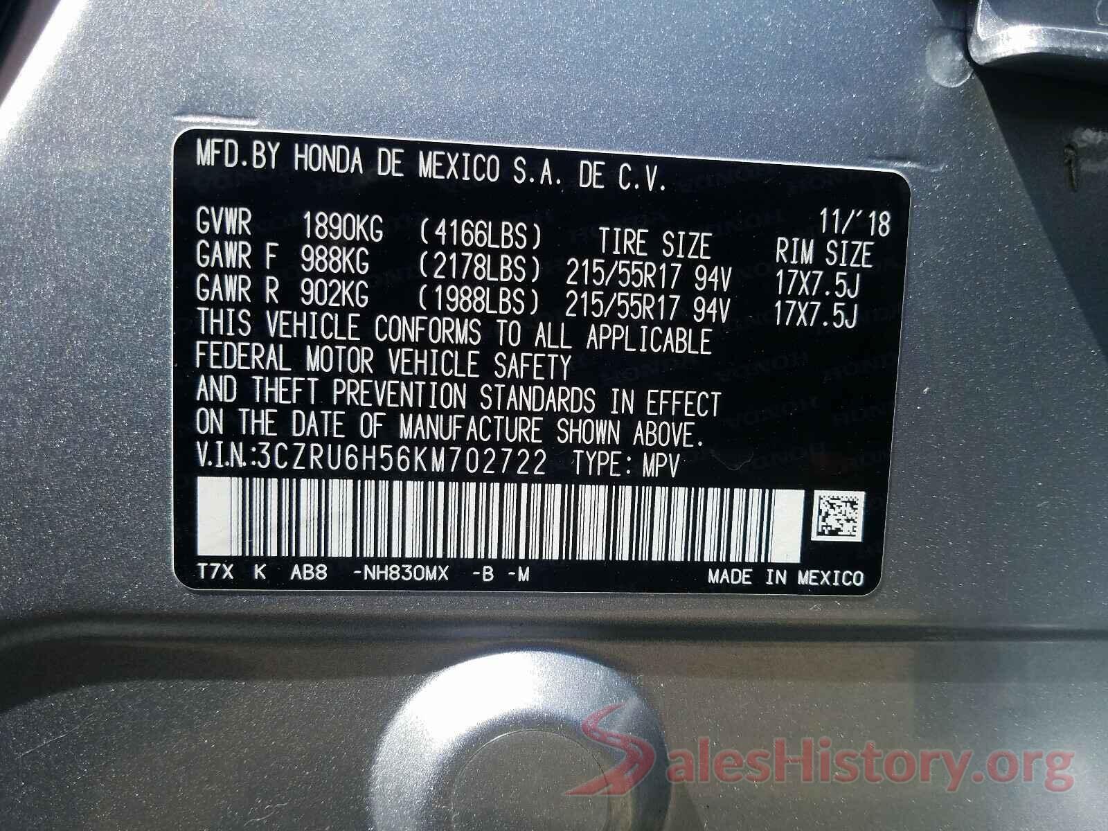 3CZRU6H56KM702722 2019 HONDA HR-V