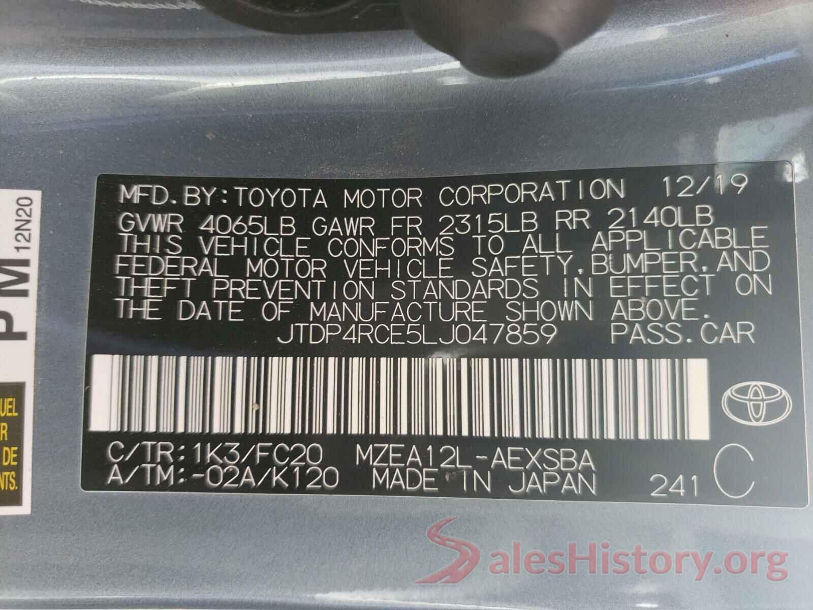 JTDP4RCE5LJ047859 2020 TOYOTA COROLLA