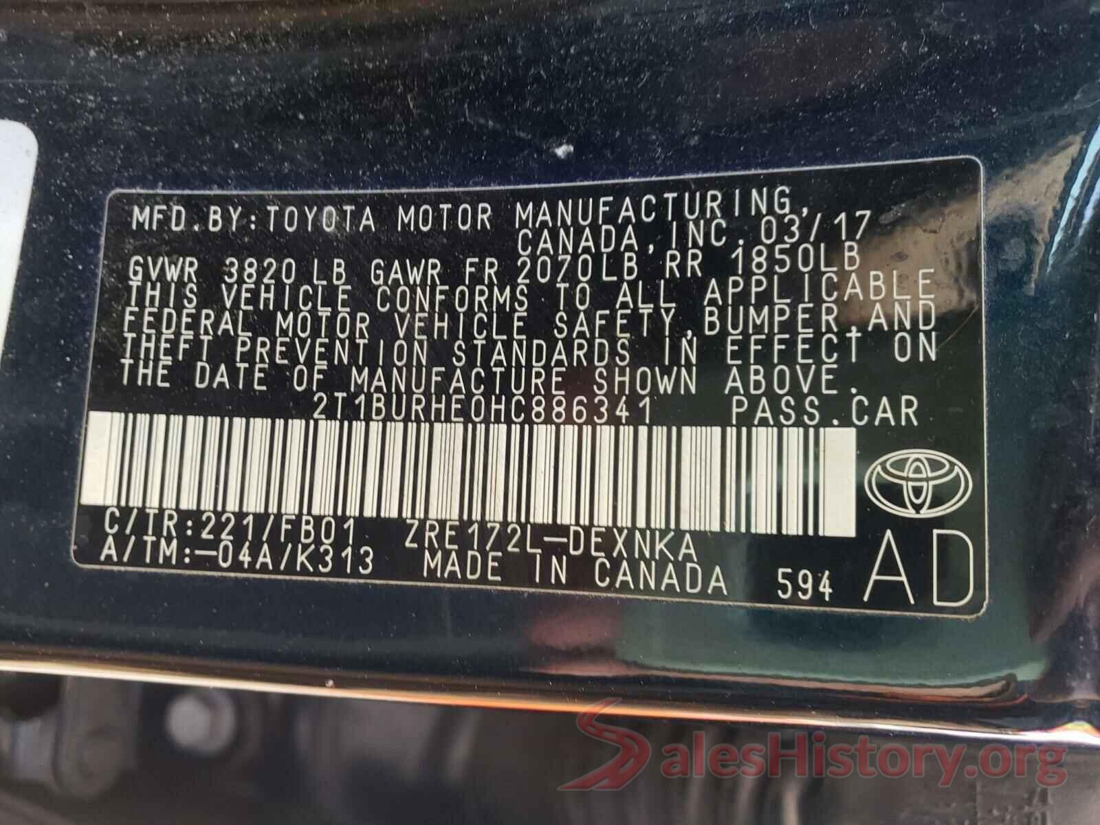 2T1BURHE0HC886341 2017 TOYOTA COROLLA