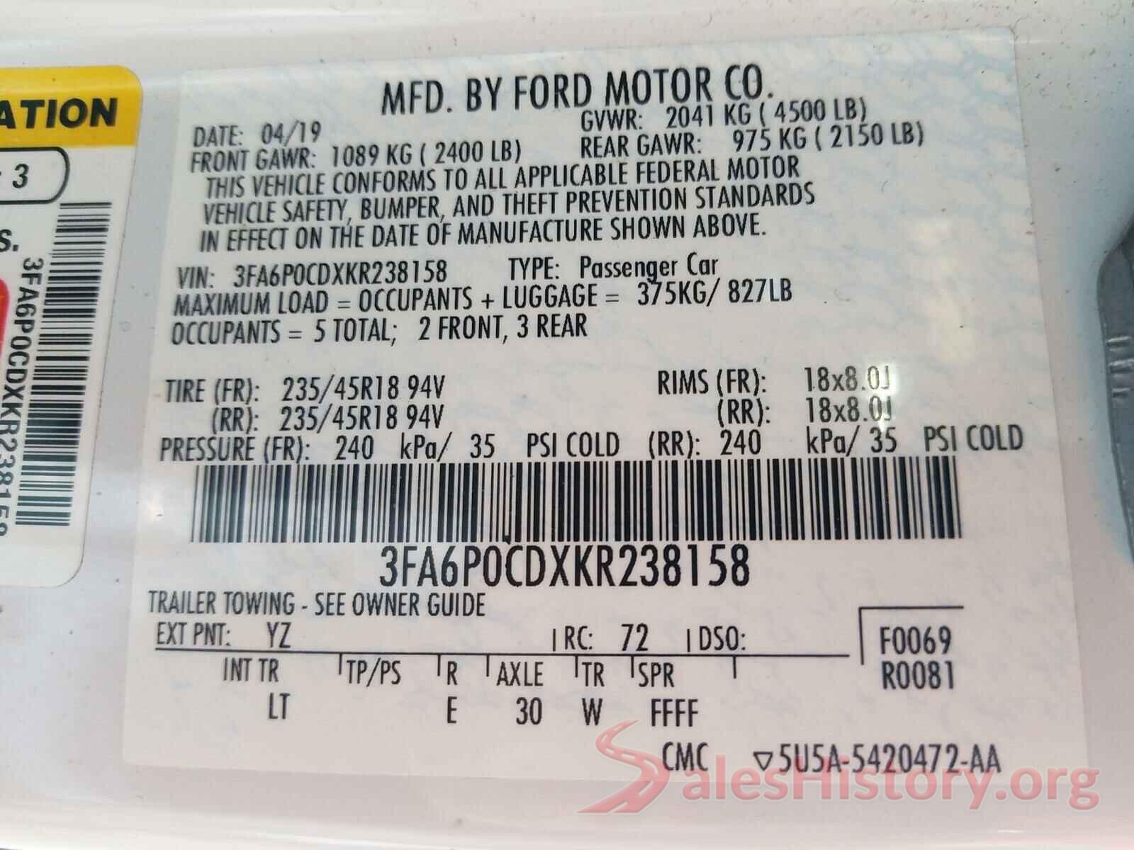 3FA6P0CDXKR238158 2019 FORD FUSION