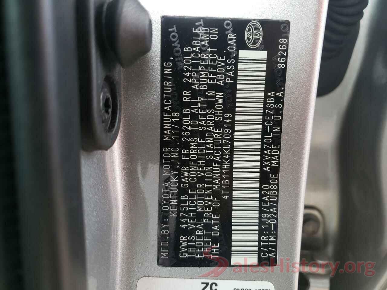 4T1B11HK4KU709149 2019 TOYOTA CAMRY