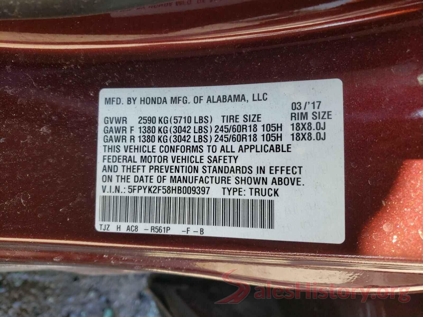 5FPYK2F58HB009397 2017 HONDA RIDGELINE