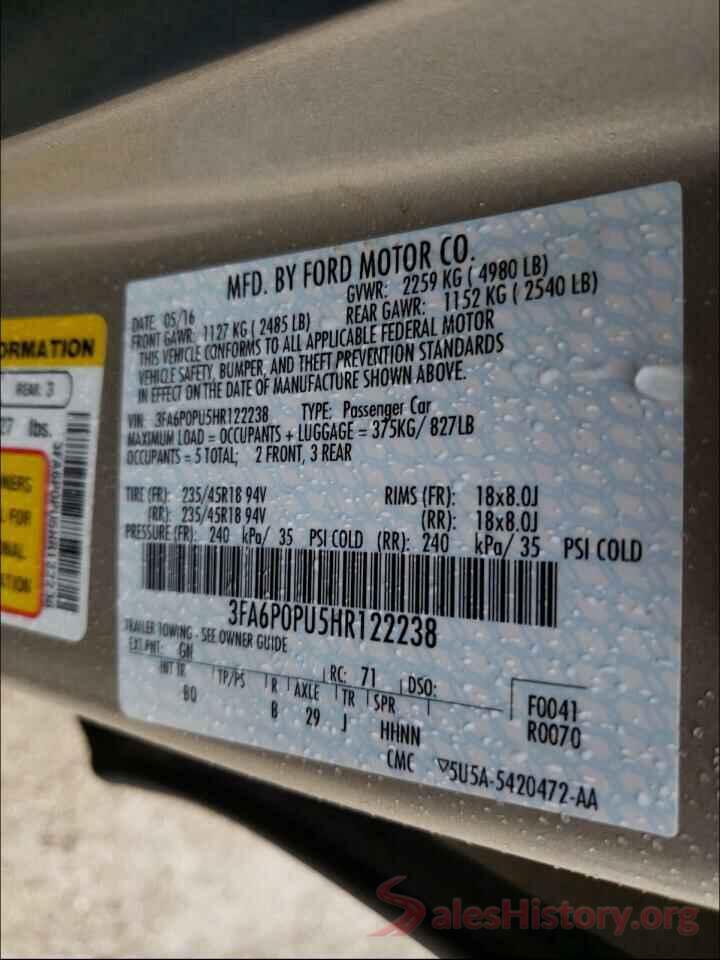 3FA6P0PU5HR122238 2017 FORD FUSION