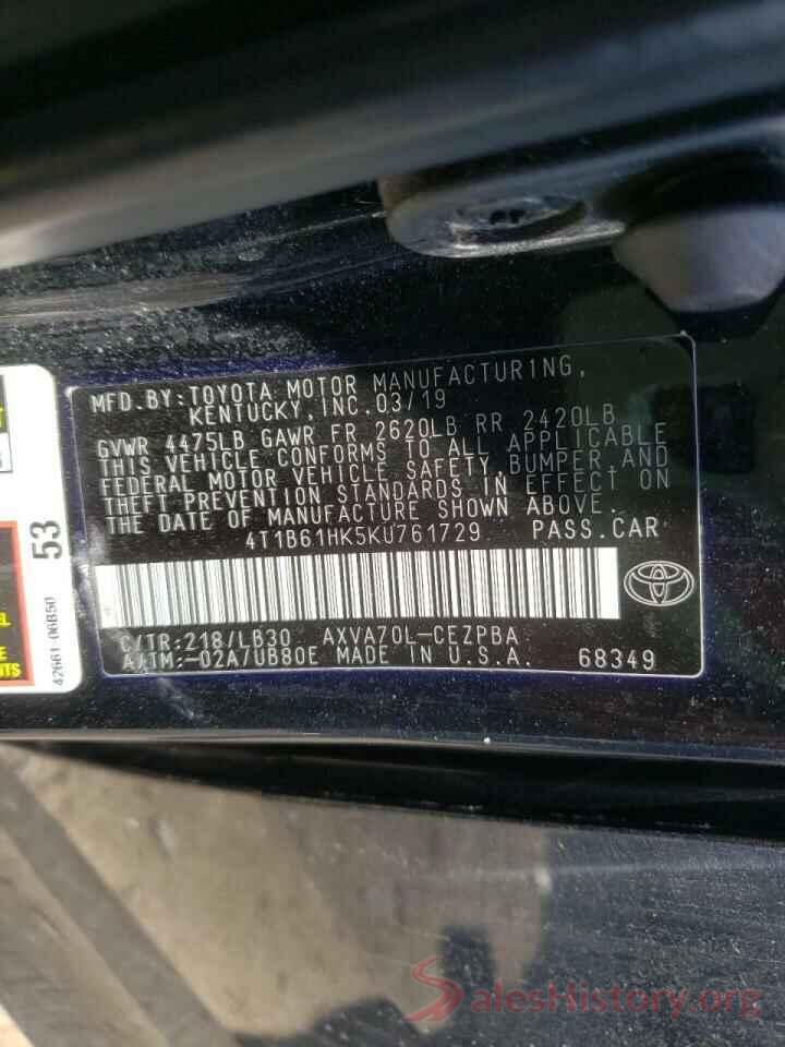 4T1B61HK5KU761729 2019 TOYOTA CAMRY