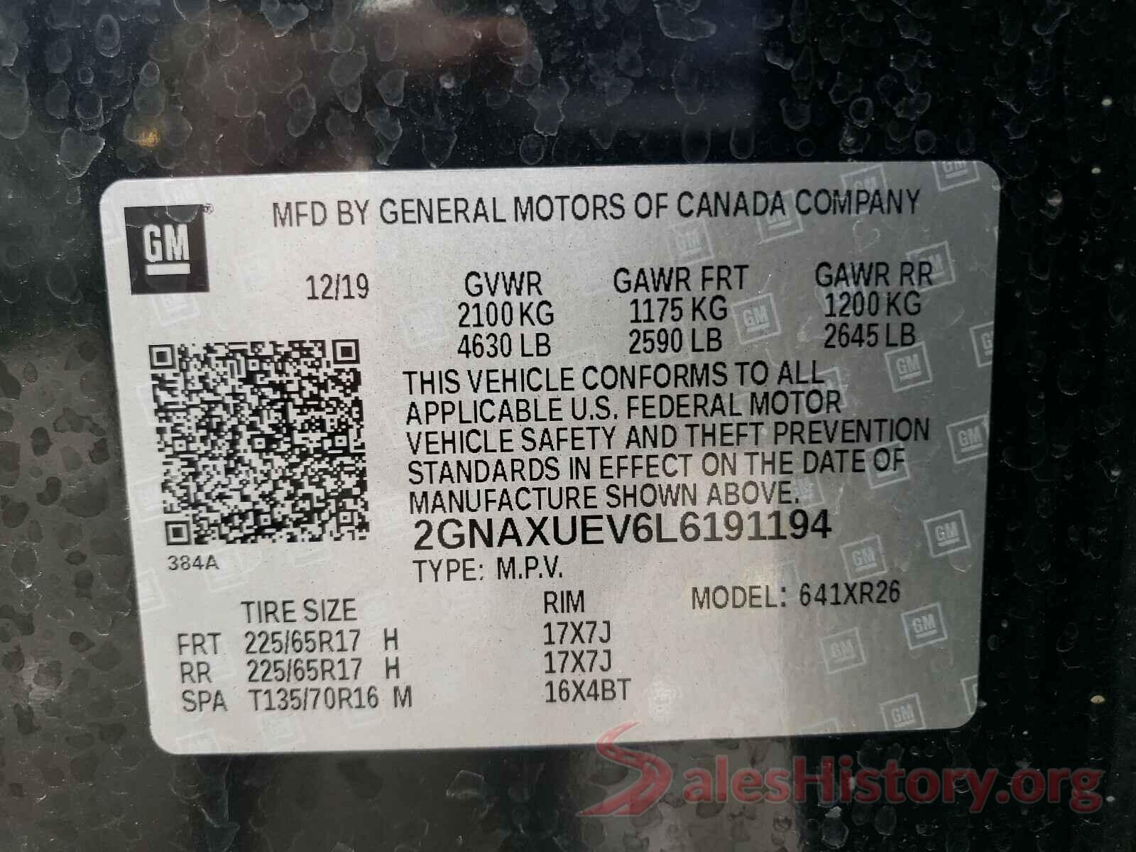 2GNAXUEV6L6191194 2020 CHEVROLET EQUINOX