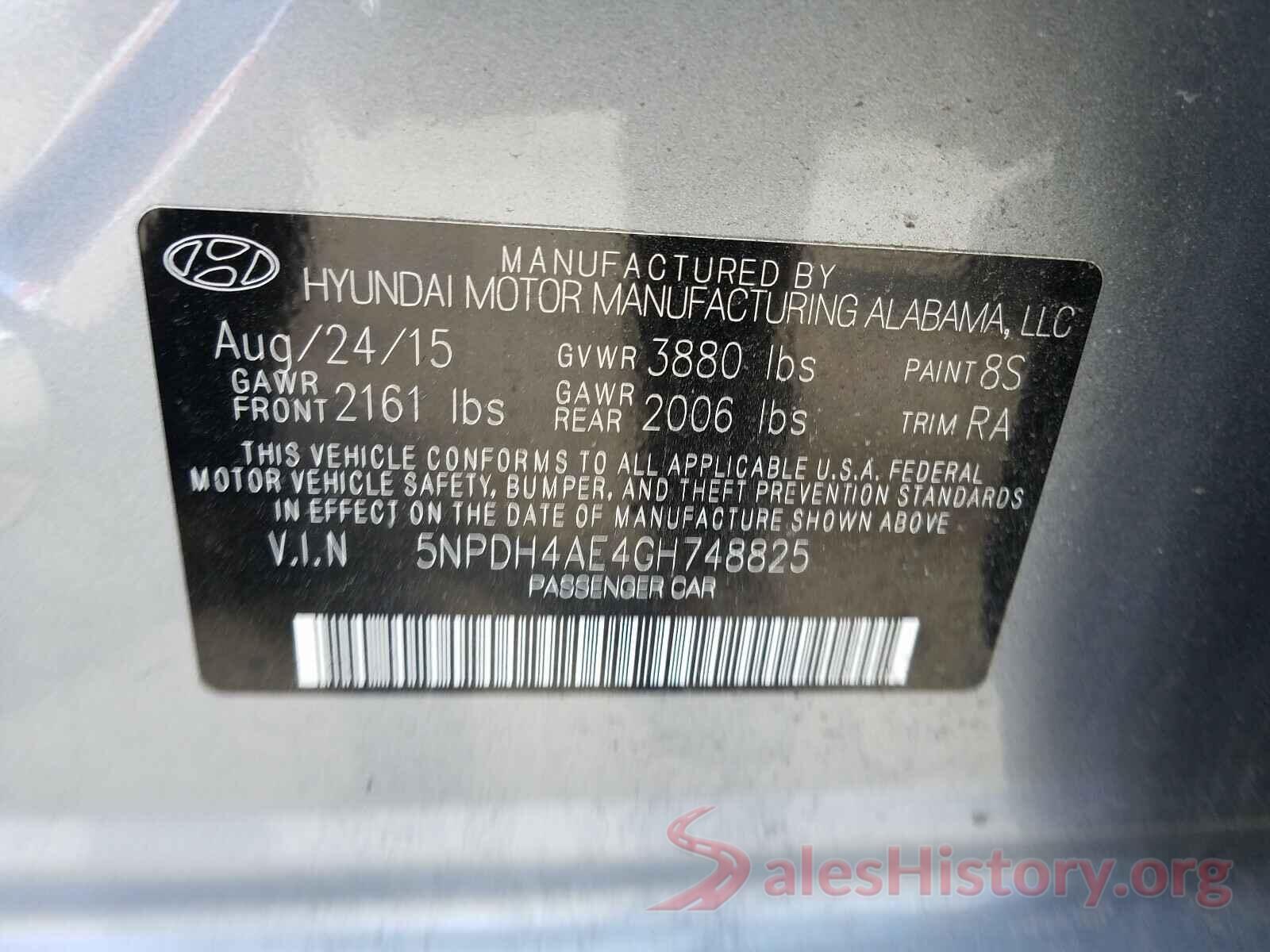 5NPDH4AE4GH748825 2016 HYUNDAI ELANTRA