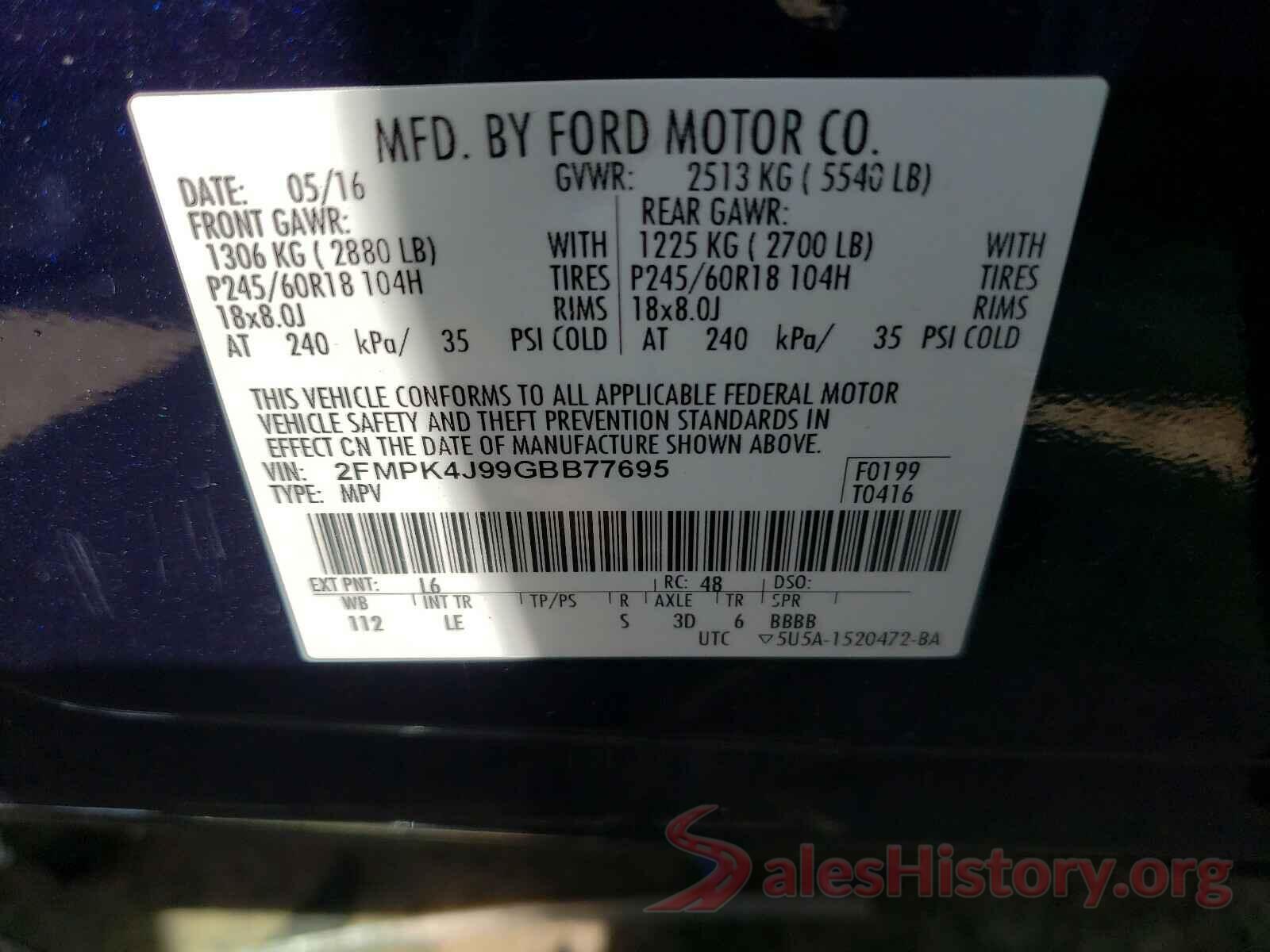 2FMPK4J99GBB77695 2016 FORD EDGE