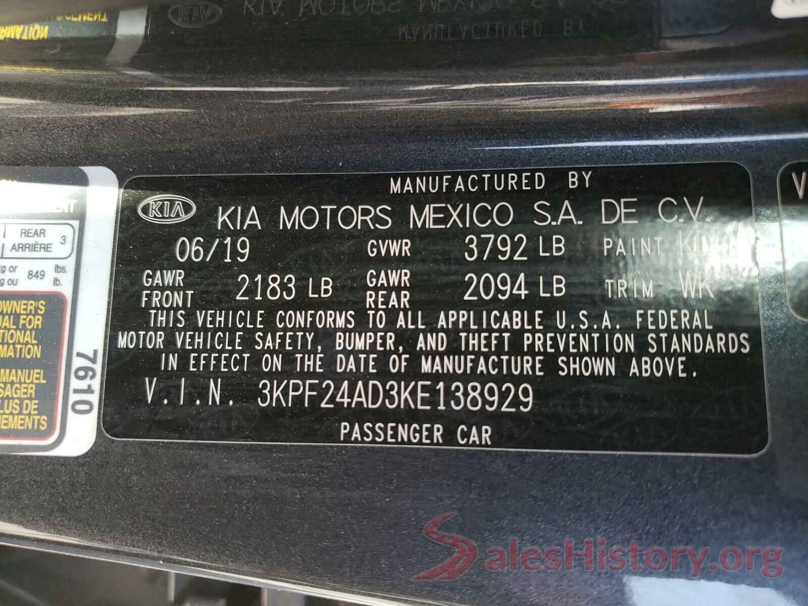 3KPF24AD3KE138929 2019 KIA FORTE