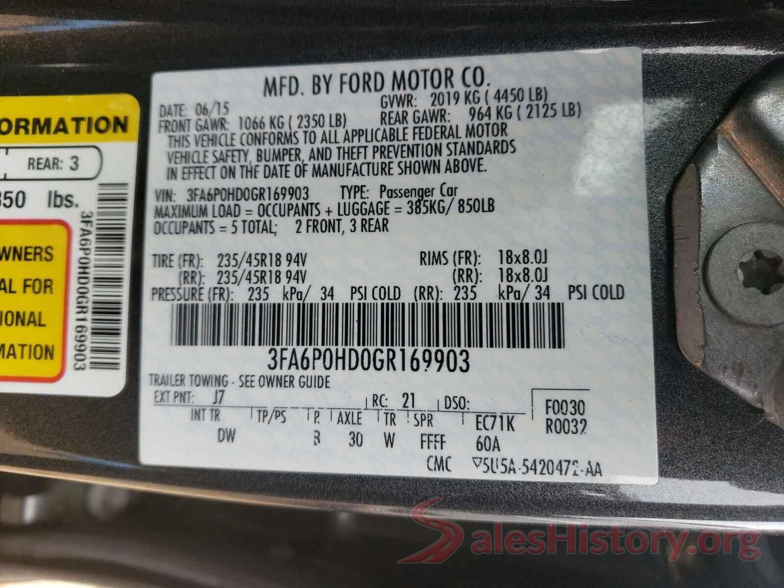 3FA6P0HD0GR169903 2016 FORD FUSION