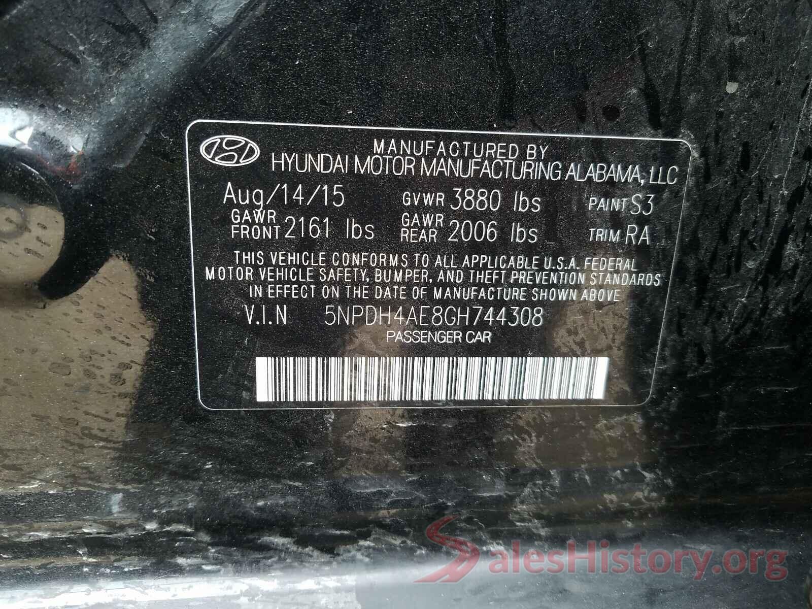 5NPDH4AE8GH744308 2016 HYUNDAI ELANTRA