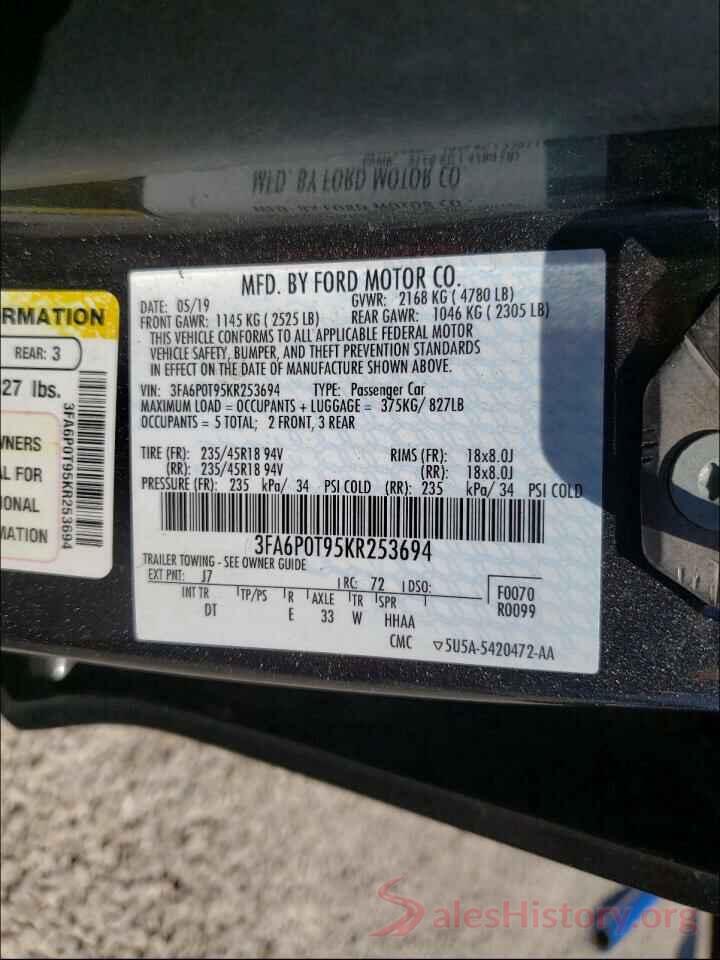 3FA6P0T95KR253694 2019 FORD FUSION