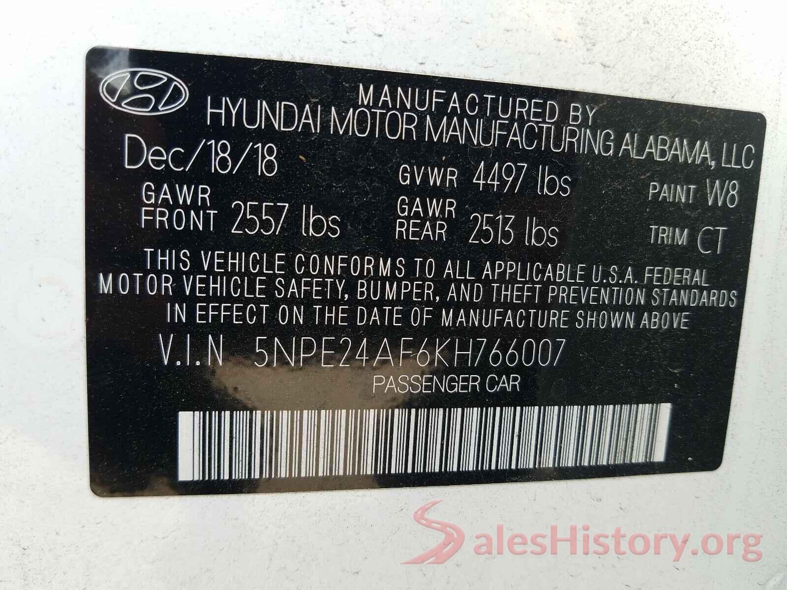 5NPE24AF6KH766007 2019 HYUNDAI SONATA